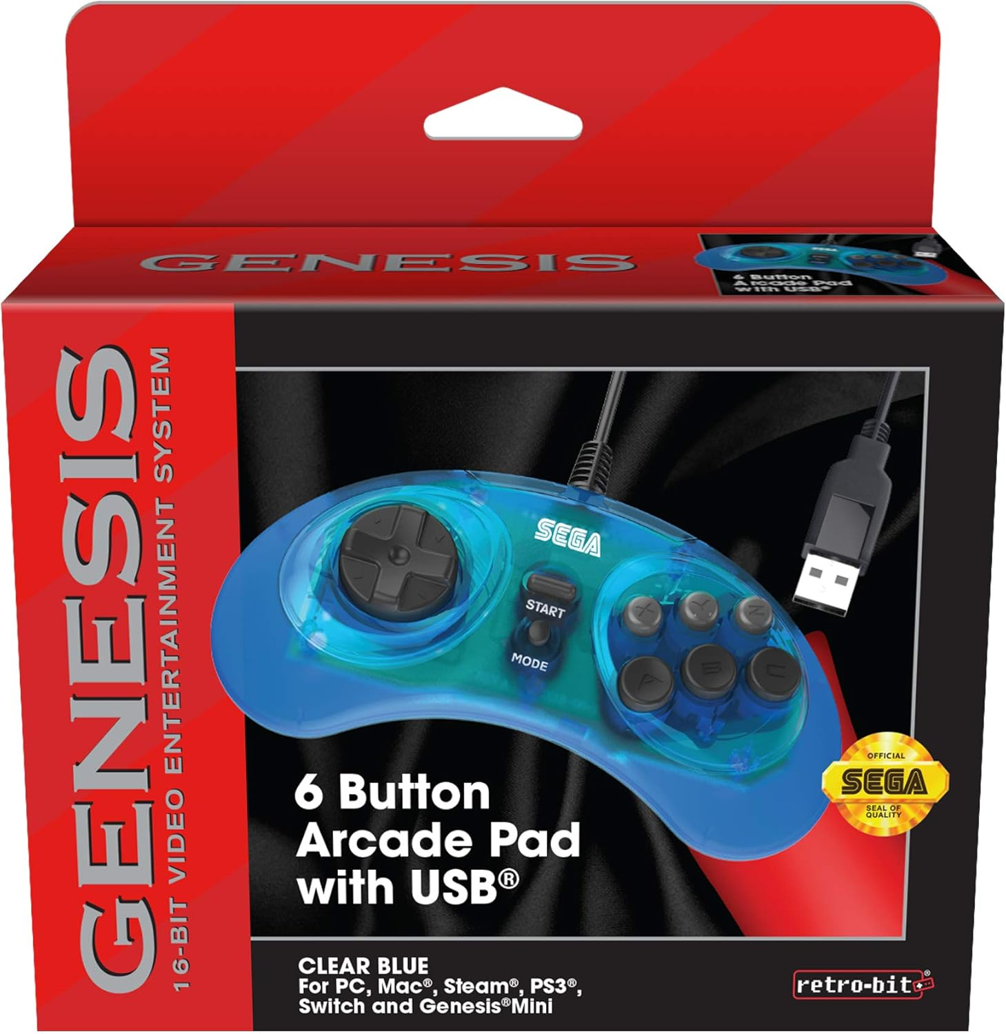 Retro-Bit Official Sega Genesis USB Controller 6-Button Arcade Pad for Sega Genesis Mini, PS3, PC, Mac, Steam, Nintendo Switch - USB Port (Clear Blue) image number 5