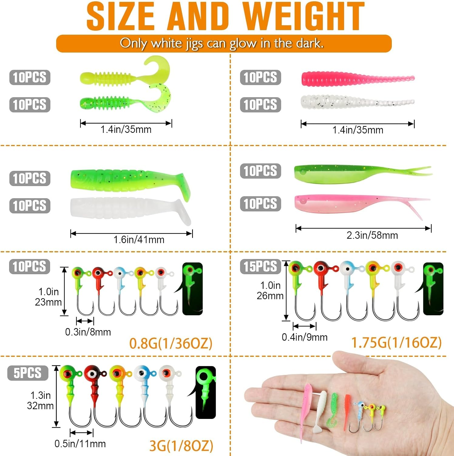 Dovesun 110Pcs Crappie Lures with Jig Heads Hooks Kit- Soft Plastic Grubs-Tubes Bait 80Pcs 1/8 1/16 1/32 Oz 30Pcs Crappie Jigs Fishing Lures Kit for Saltwater Freshwater Fishing /(120PCS-95PCS) image number 4