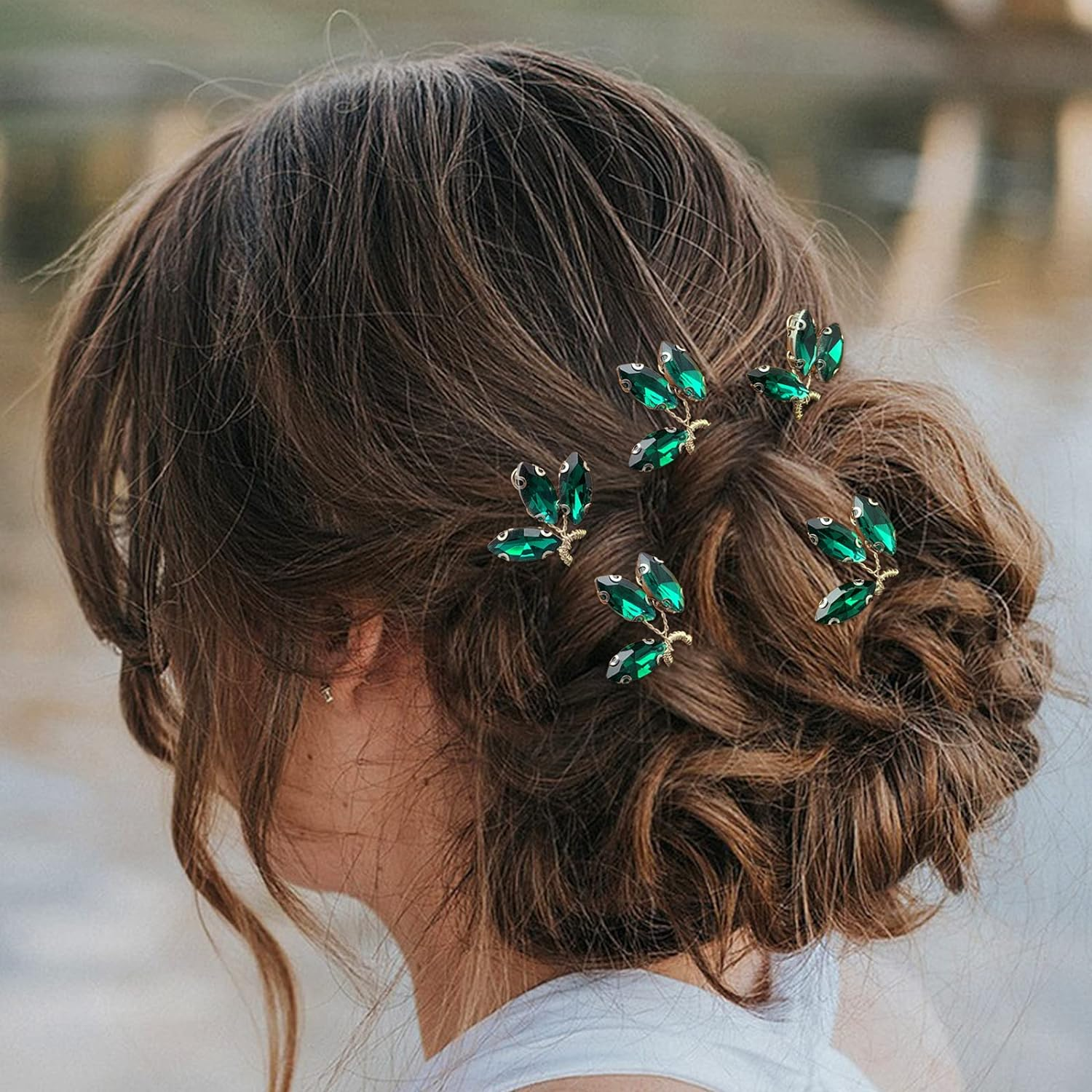 BETITETO Crystal Bridal Hair Pins Accessories 5 Pieces U-Shaped Rhinestone Headpiece for Wedding Party (Emerald Green) image number 5