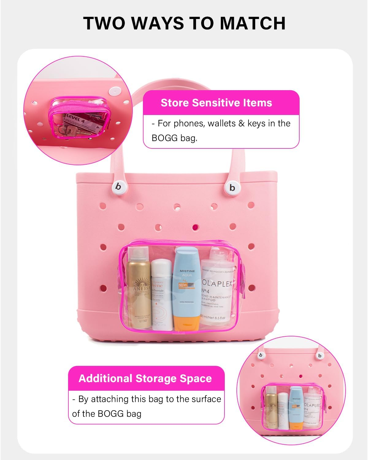 4 Packs Clear Bogg Bog Accessories Beach Tote Bag Suitable for Bogg Bag Insert Bag Cellphone Phone Holder Clear Makeup Bags Toiletry Bag Key Holder for Bogg Bag, Accessories for Bogg Bags (Hot Pink) image number 5