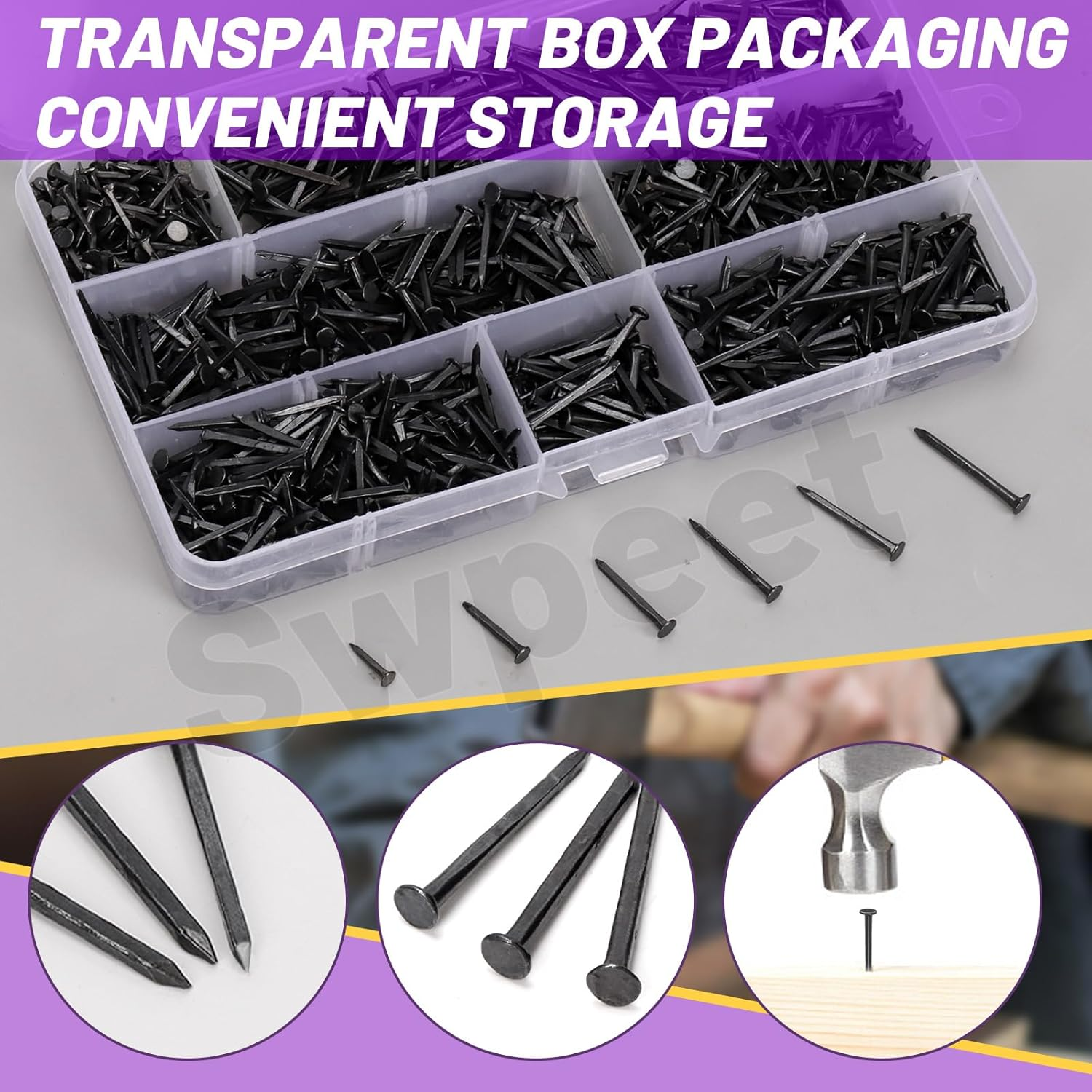 Swpeet 1200Pcs 6 Sizes 10Mm/13Mm/16Mm/19Mm/22Mm/25Mm Metal Nails Tacks Assortment Kit, Non-Slip Shoe Tacks Metal Hardware Nails Studs for Shoes Boots Leather Heels Soles Repairs Replacement image number 3