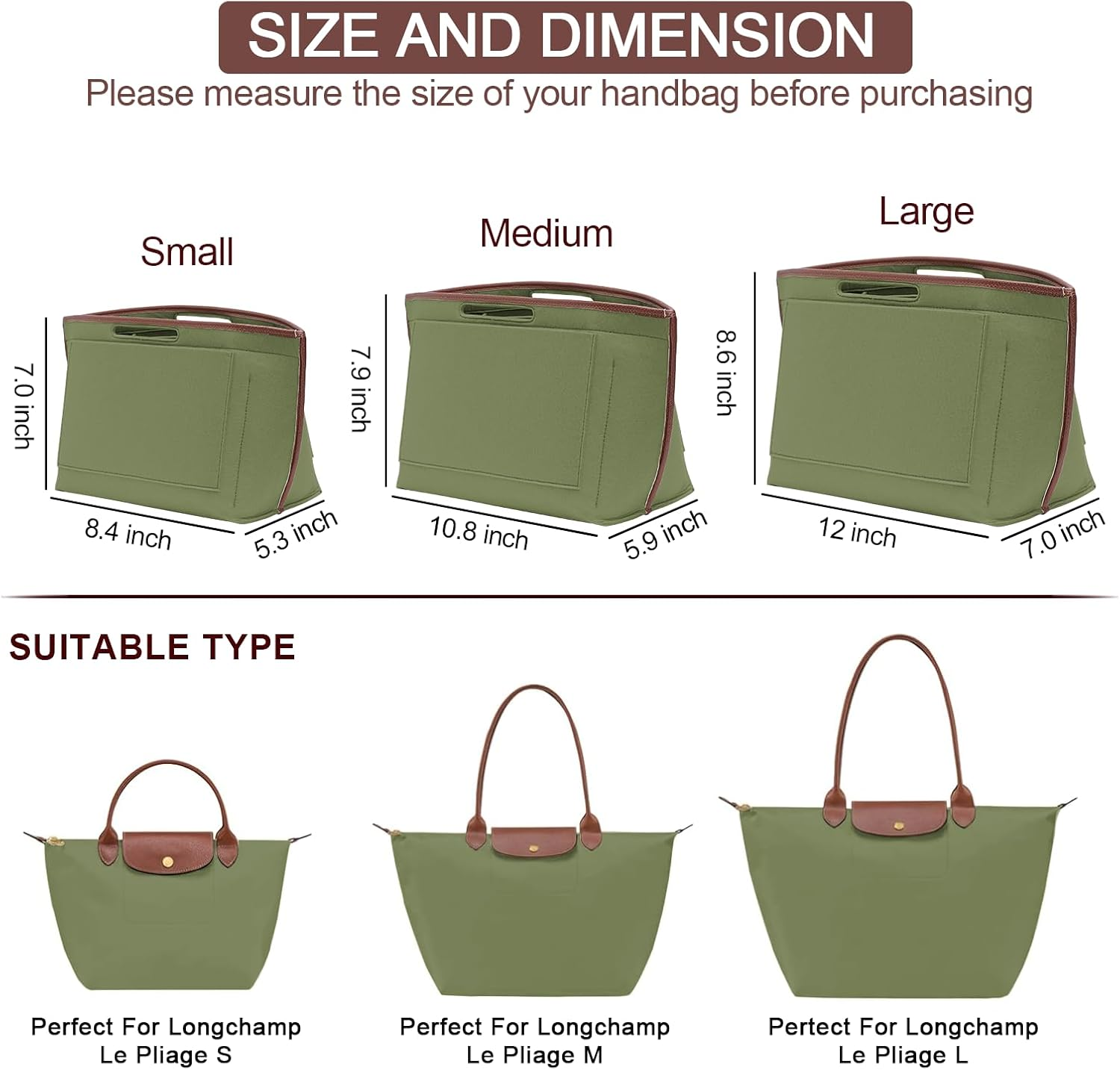 DOIAPUOS Felt Purse Organizer Insert for Longchamp Le Pliage L Bag Handbag Leather Edge Longchamp Organizer Insert (Olive Green, Large) image number 3