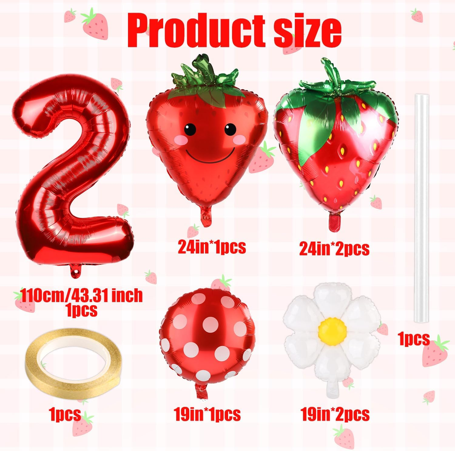 7Pcs Strawberry Party Balloons Kit, Strawberry Balloon Garland Sweet Number Strawberry Party Decorations Strawberry Foil Balloons for Birthday Backdrops (Number 2) image number 6