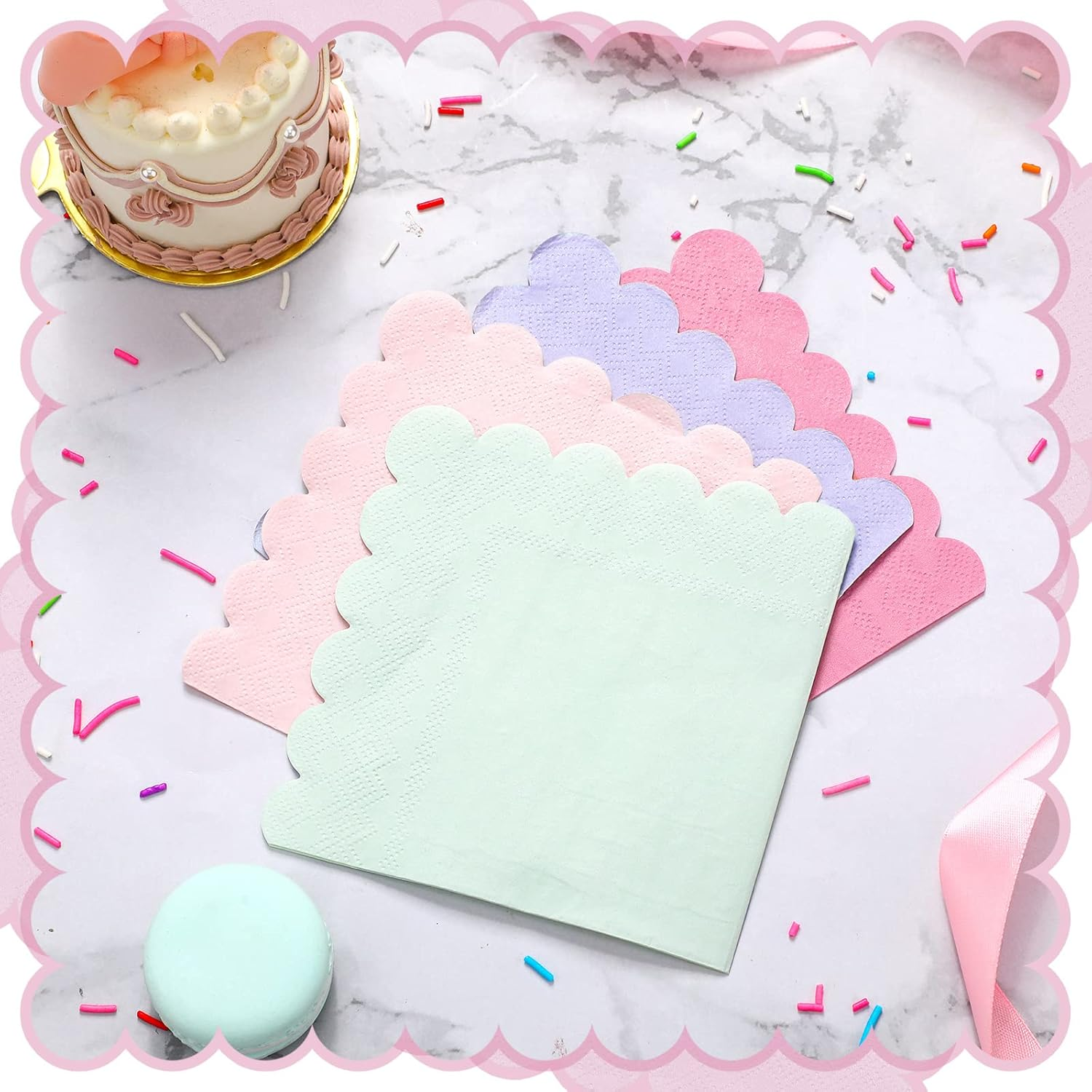 Kosiz 100 Pieces Scalloped Edged Cocktail Napkins Colorful Paper Napkins Disposable Pastel Napkins for Party Wedding Shower Baby Beverage Dinner Birthday, 9.84 X 9.84 Inches, 4 Macaron Colors image number 1