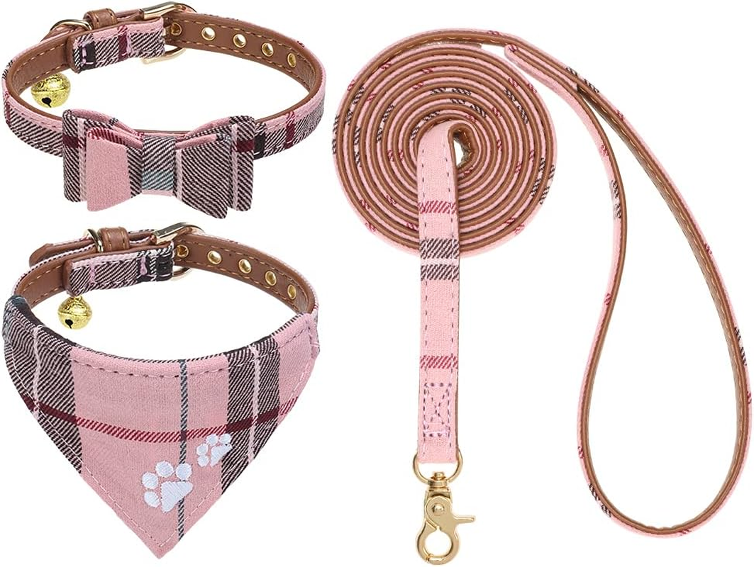 EXPAWLORER Dog Leash Collar Set - 3 Pack Plaid Pattern Adjustable Escape Proof Leash Collar Set for Outdoor Walking image number 6