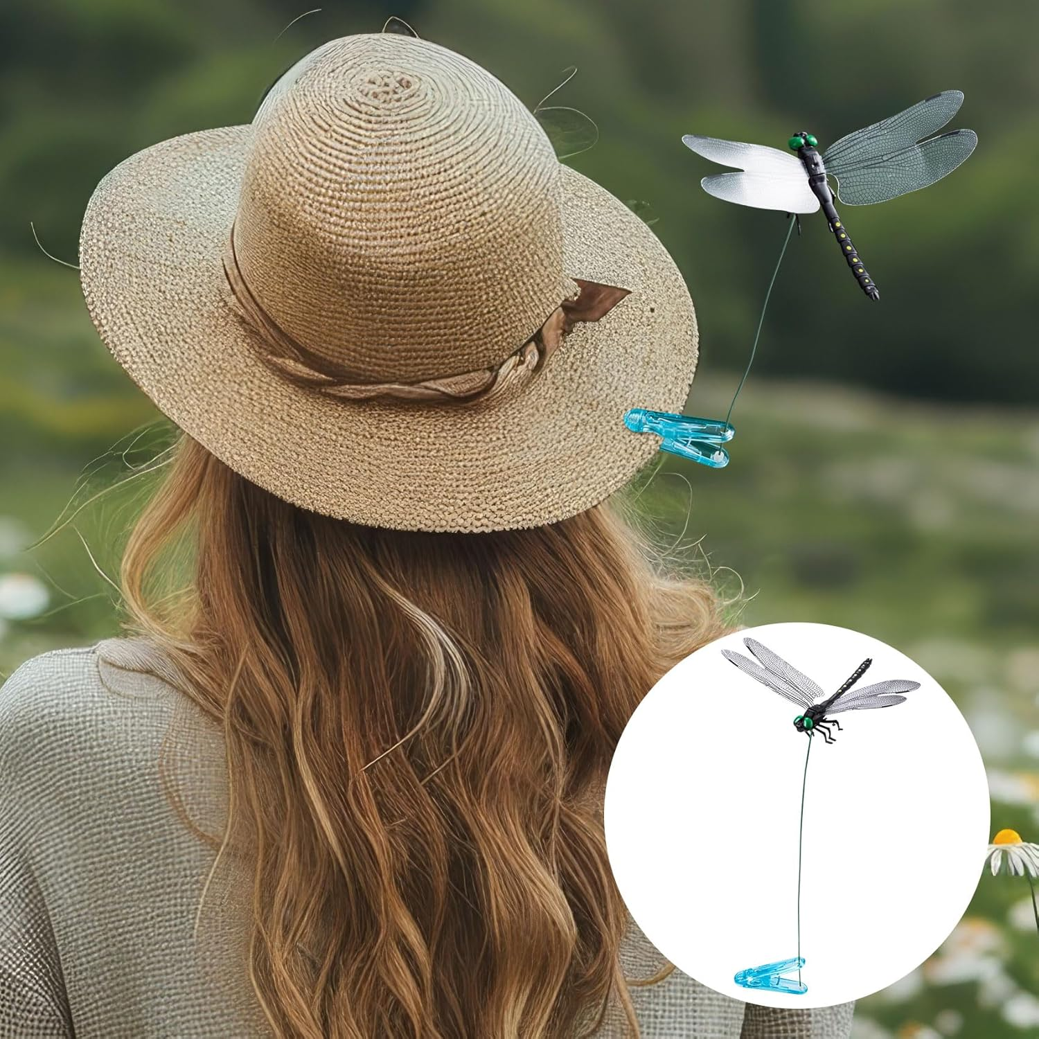 BEIQIYA 2Pcs Dragonfly Clips, Artificial 3D Simulation Dragonflies Hat Clip, Garden Decor for Outdoor Yard Courtyard Patio Flower Beds