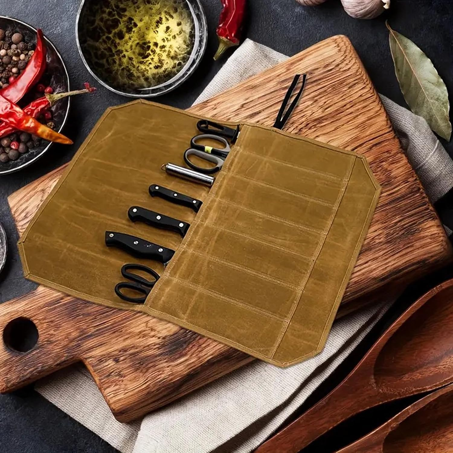 Yqsibth Knife Roll Bag, Waxed Canvas Knife Bag, 7 Slots Knife Cutlery Tool Roll Case Storage Bag Cutlery Tool Roll Chef Knife Bag Chefs Knife Roll Bag for Pro Chefs or Culinary Enthusiasts (Gray), image number 3