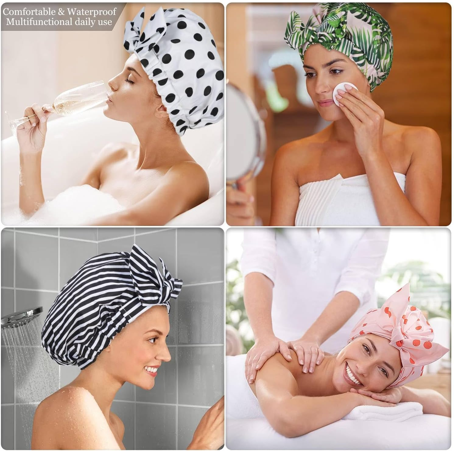 Luvruitaky Shower Cap Luxury Shower Caps for Women Reusable Waterproof Hair Cap for Shower with Adjustable Bowknot Hair Bath Cap (Black Stripe) image number 1