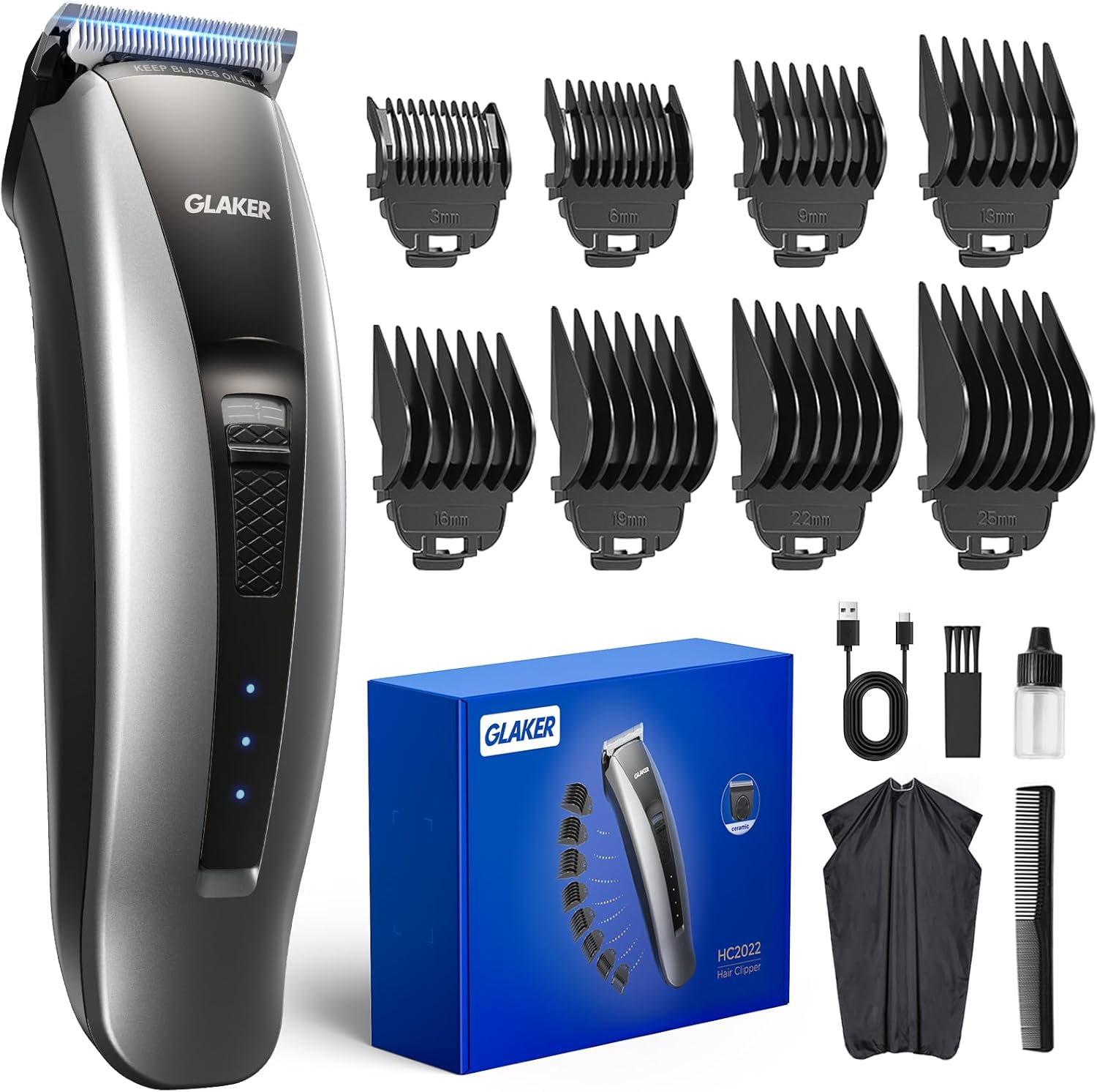 GLAKER Hair Clippers for Men - Cordless 3 in 1 Versatile Hair Trimmer with Extra Long Guards, Detachable Blade & Storage Bag, Complete Mens Grooming Kits, Ideal Gifts for Men