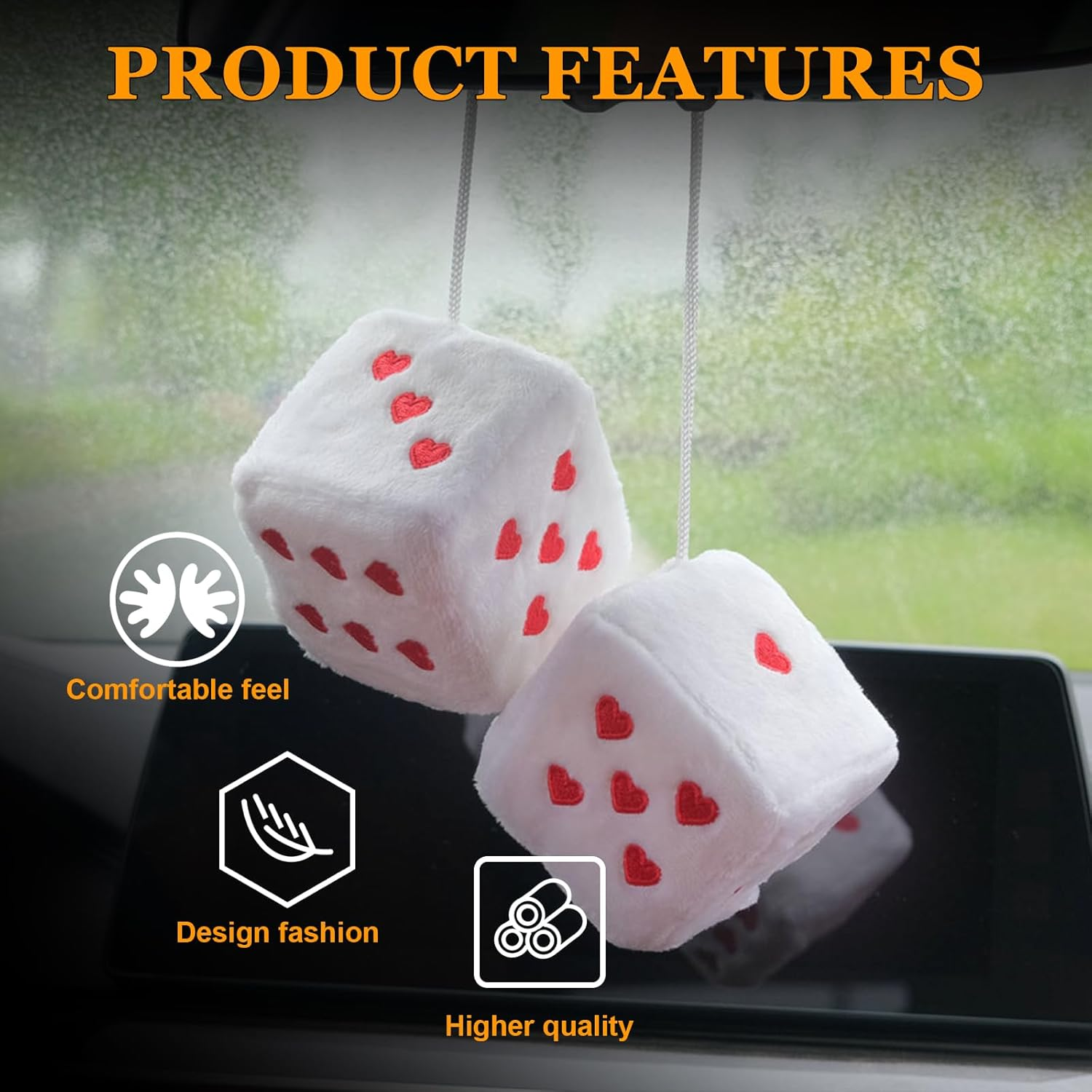 Ziciner Pair Fuzzy Plush Dice for Car Mirror, 3'' Retro Square Dice with Heart-Shape, Universal Auto Rearview Mirror Hanging Ornament Decoration, Vehicle Interior Accessories for Women (White) image number 4