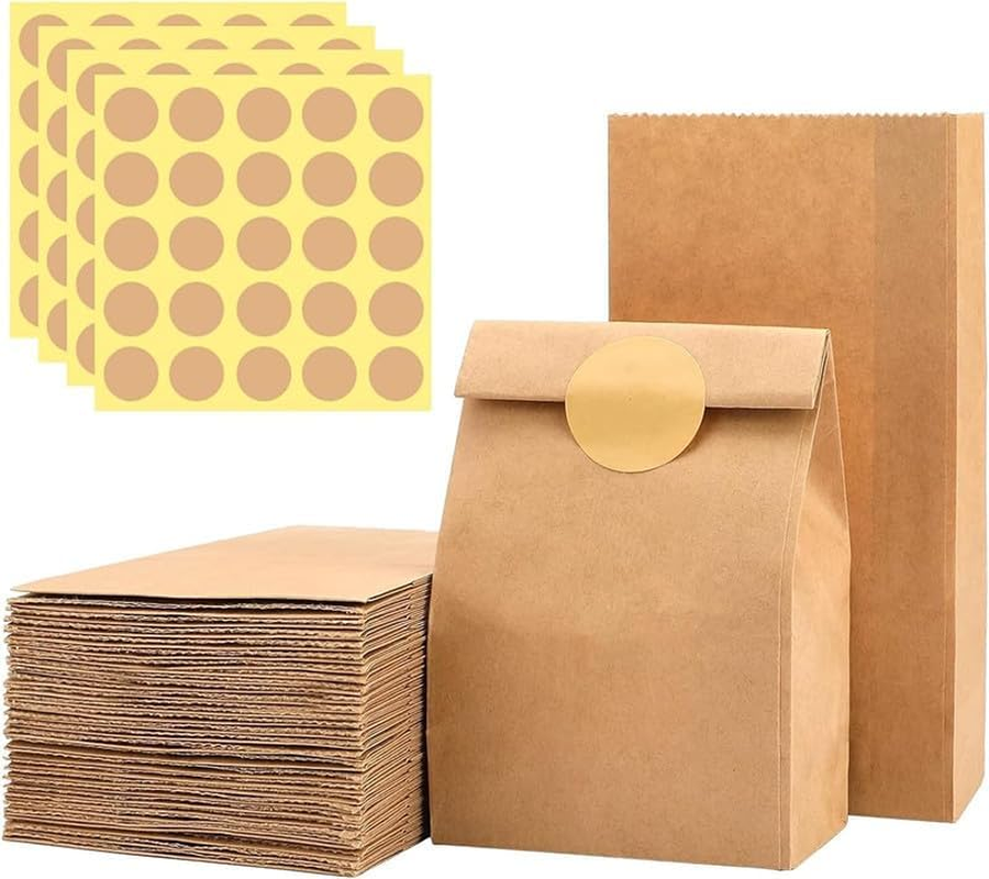 Linyongc 100Pcs Kraft Paper Bread Bags with 100 Stickers, Kraft Paper Square Bottom Stand up Cake Packaging Bags, Multi-Purpose, Brown, 3.5" X 7" X 2.3"/ 9X5.5X18Cm image number 1