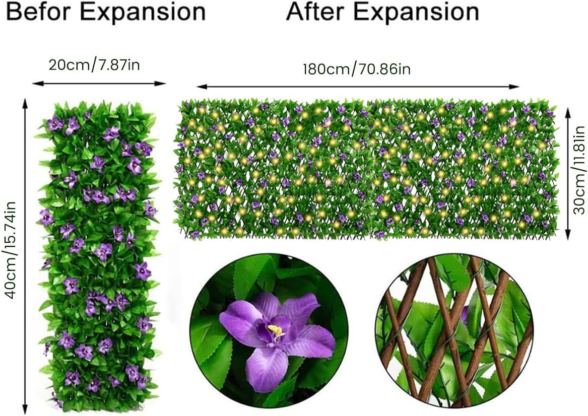 HSHGZSR Expandable Fence Privacy Screen with Solar String Lights Violet Hedges Backdrop Decor Faux Trumpet Flower Fence Screen for Patio Garden Balcony Backyard image number 5