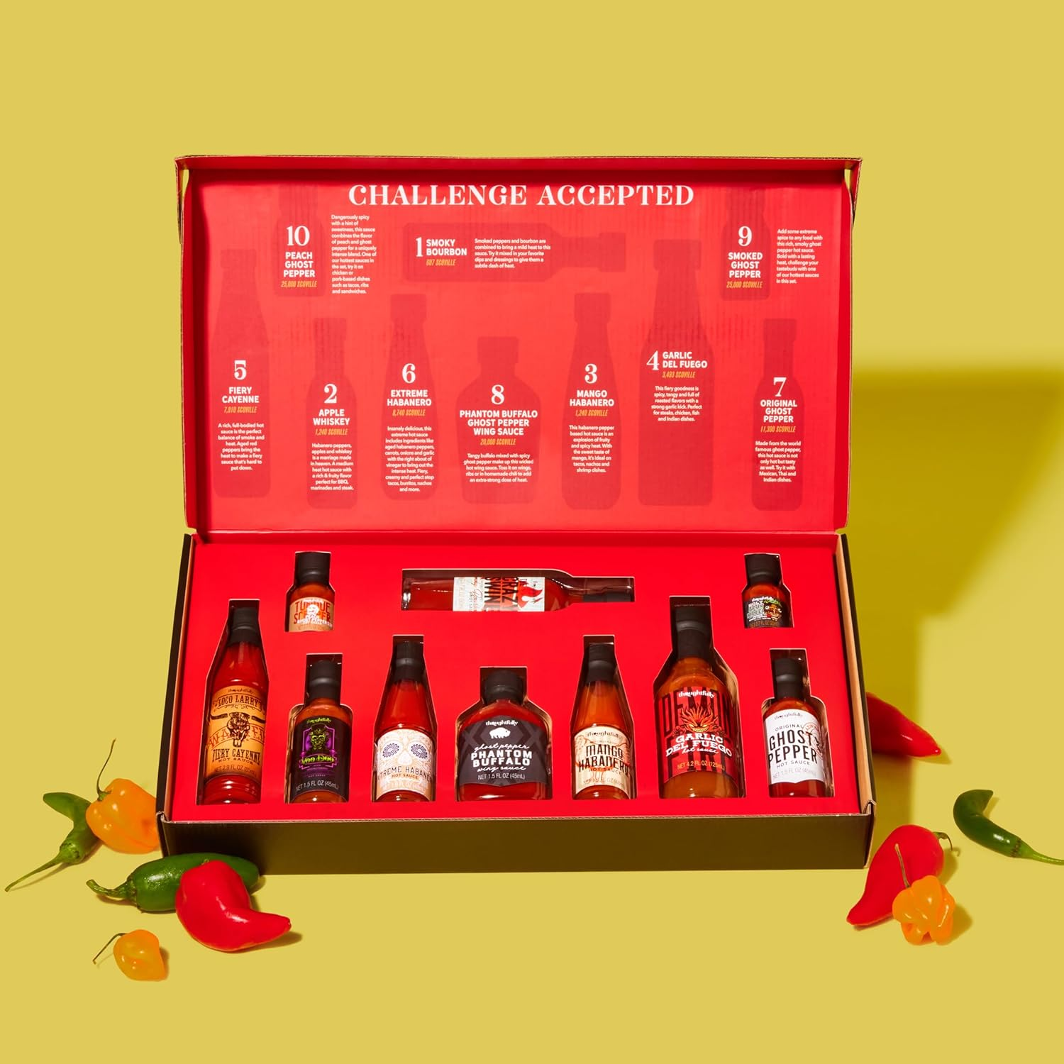 Thoughtfully Gourmet, Hot Sauce Challenge Set, Hot Sauce Variety Pack Includes Hot Sauces from Mild to Extreme Flavors, Unique Gifts for Men, Set of 10 image number 1