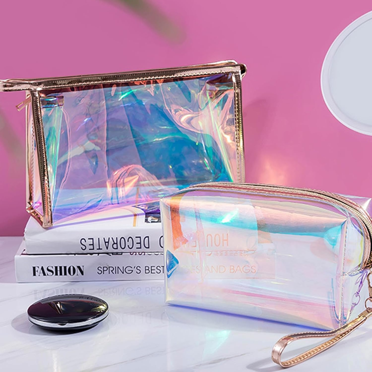 Iridescent Holographic Makeup Bag with Portable Handle, Travel Clear Toiletry Bag, Lipstick Cosmetic Pouch, Waterproof Zipper Beach Bag Make up Organizer Case for Woman Teen Girl, B image number 4