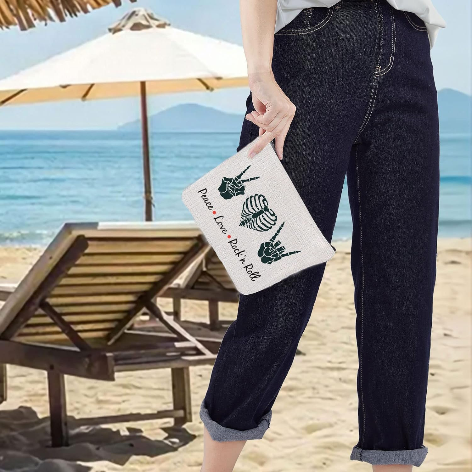 LEVLO Funny Rock and Roll Cosmetic Bag Guitar Retro 80S Hippie Hippi Gift Peace Love Rock'N Roll Makeup Zipper Pouch Bag for Friend Family, Peace Love Rock'N Roll image number 3