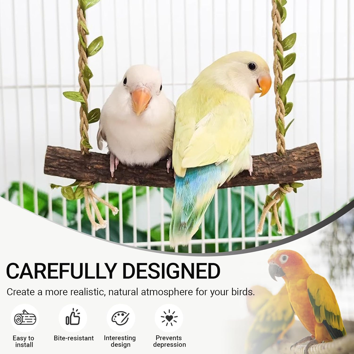 JOWILIN Wood Birds Cage Swing, Bird Perch Stand with Metal Hooks, Parrot Rope Swing Hanging Toy, Bird Chewing Toy, Training Stand Holder for Budgie Conure Finches, Cockatiel, Lovebird image number 5