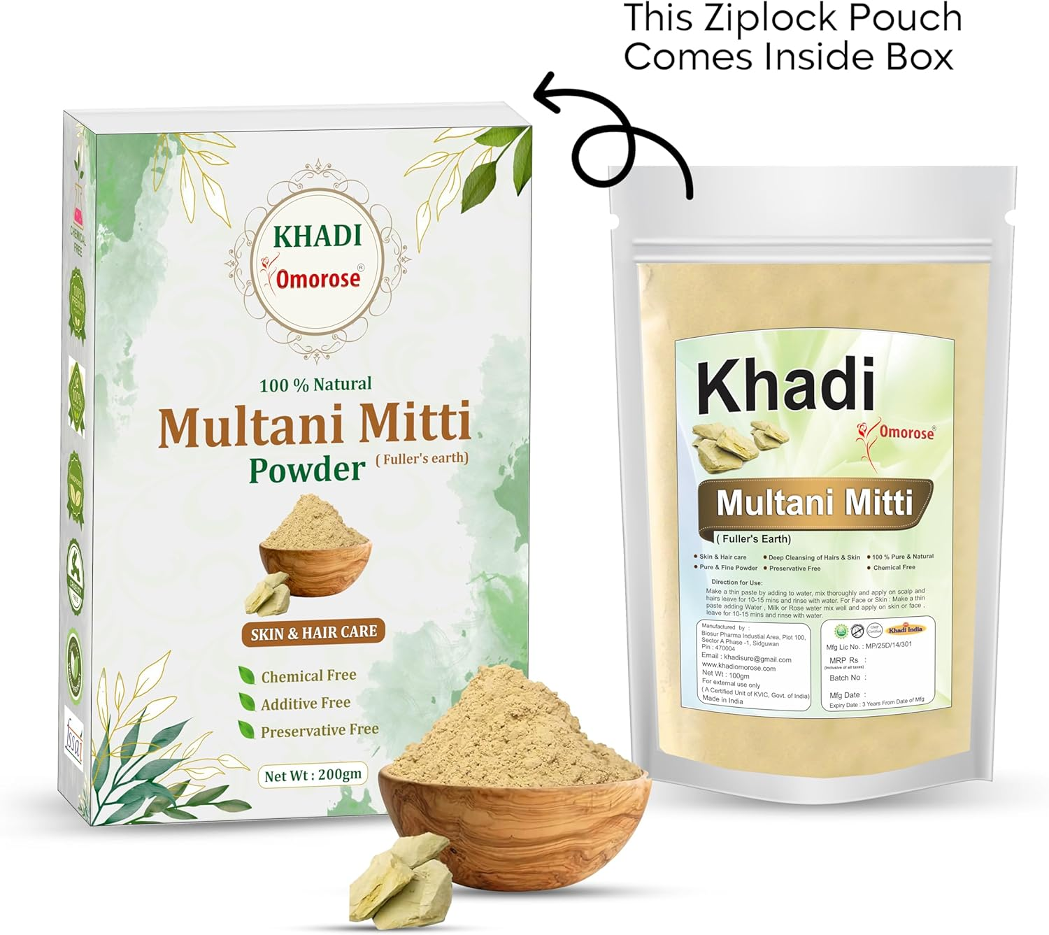 Khadi Omorose Multani Mitti Powder for Hair and Skin Care | 200 Grams | 100 & Pure & Natural | Soft & Glowing Skin | Exfoliator | Softner | Nourishment | Fuller'S Earth | Resealable Zipper Pouch Pack image number 2