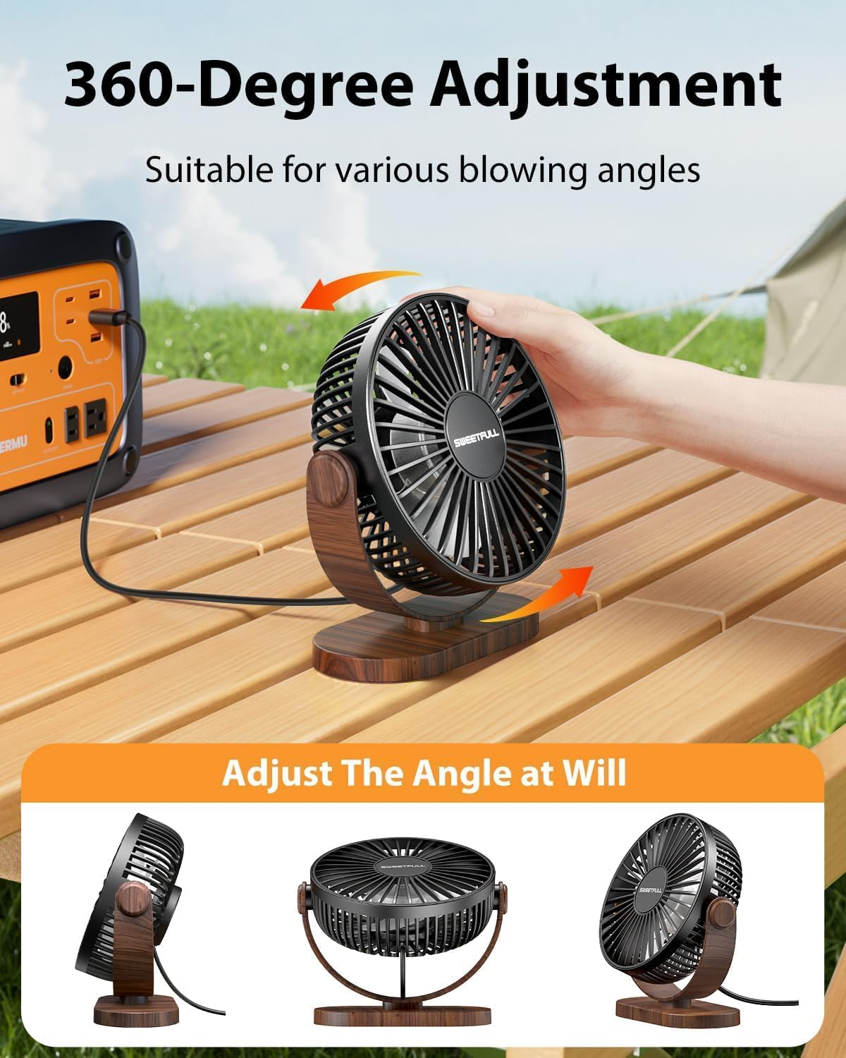 SWEETFULL Desk Fan, Small USB Fan Quiet, 3 Speed Portable Table Fan, 360&deg; Adjustable Personal Desktop Fan with Wood-Pattern for Bedroom Office, Summer Gifts for Friends and Family, Black - Black image number 5