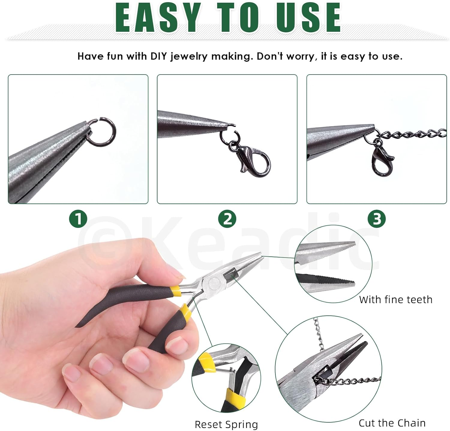 Keadic 102Pcs 30 Feet Jewelry Making Chains Kit W 3Mm Metal Necklace Twisted Links Chain, Lobster Clasps, Open Jump Rings and Jewelry Pliers for Bracelet Earring Anklet DIY (Gun-Metal) - Copper image number 6