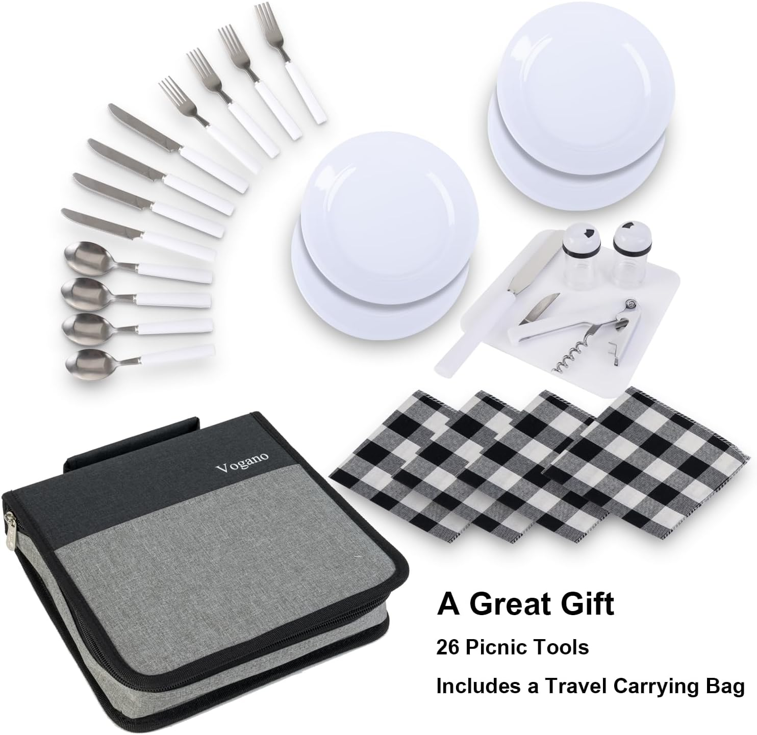 Picnic Backpack Accessories for 4 - Includes 26 Pcs, Portable Travel Utensils with Case, Reusable Camping Cutlery Plates, Stainless Steel of Spoons and Forks, for Hiking, Camp, image number 1