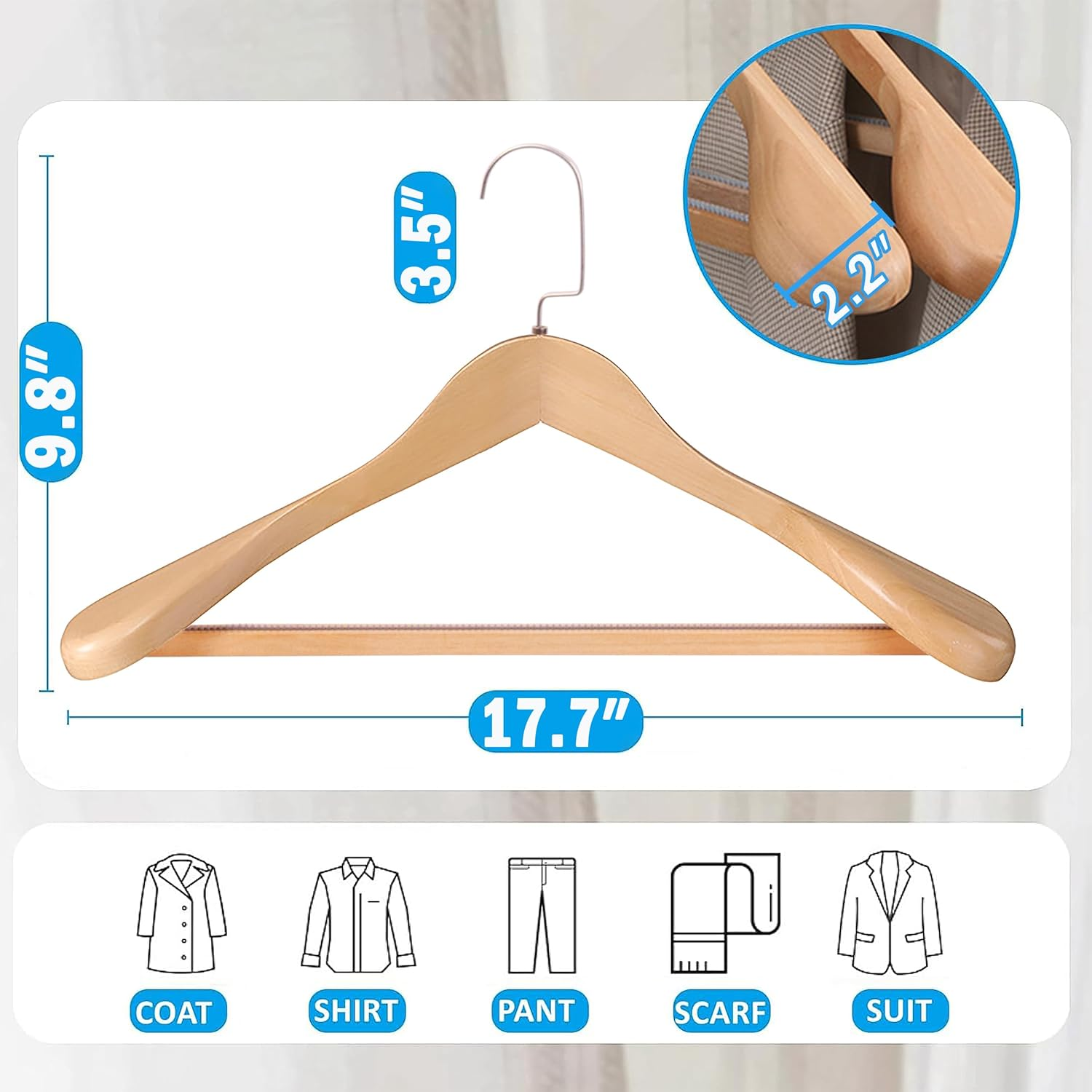 Wide Shoulder Wooden Suit Coat Hangers, 12 Pack Heavy Duty Wood Clothes Hangers with Non-Slip Bars, Smooth Finish and 360&deg; Swivel Hooks for Suit,Coat,Jacket,Pants (4) image number 6