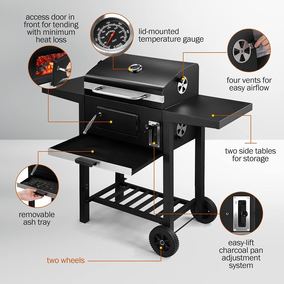 BBQ Charcoal Grill Trolley with Side Table, Portable Aluminium Outdoor Barbecue Cooking Grill Barbecue Set for Picnic Patio Backyard Camping image number 4