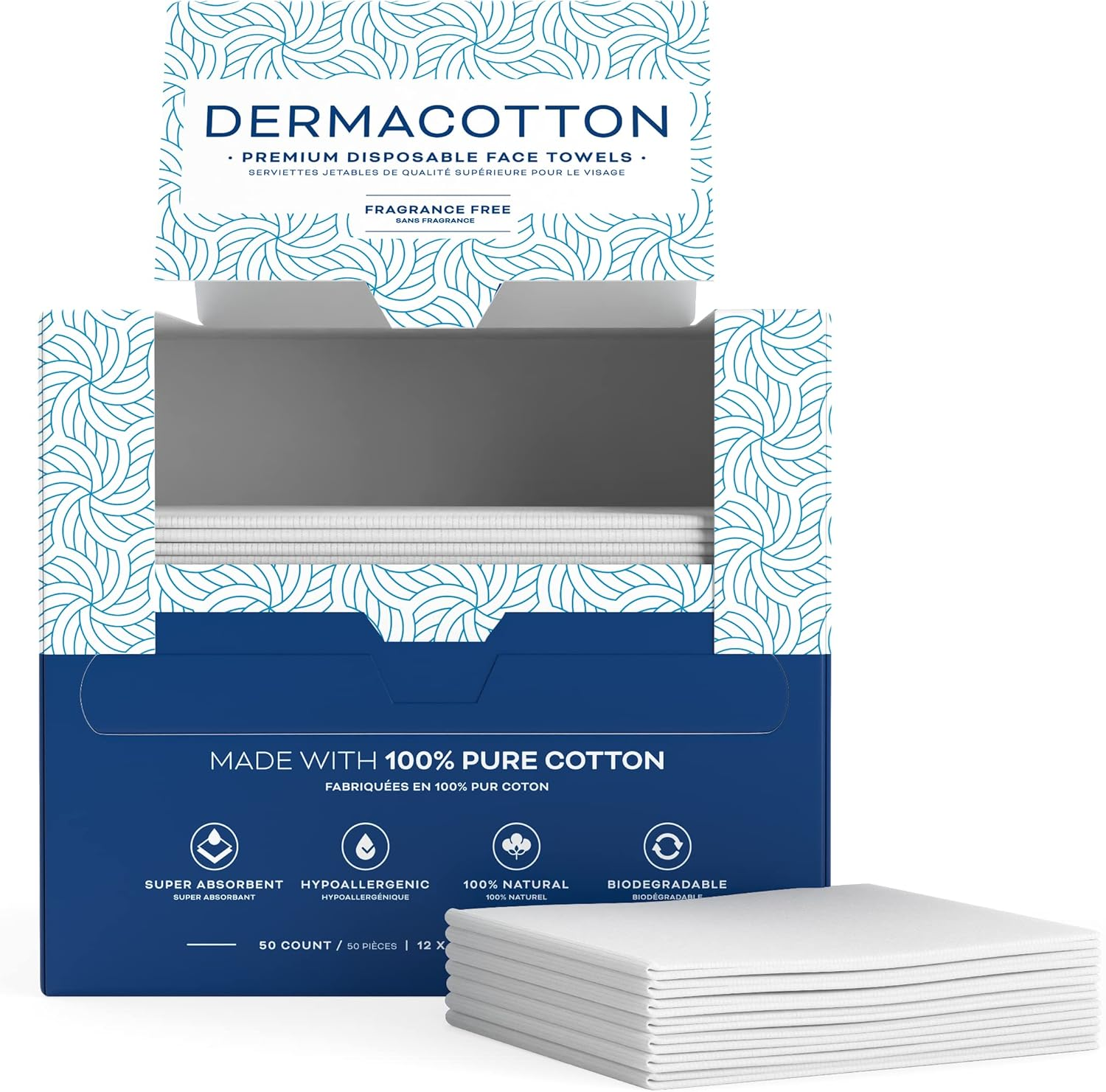 Dermacotton X-Large 100% Pure Cotton Face Towels &ndash; 50 Count Extra Large Disposable Wash Cloths for Face Washing, Makeup Removal & Acne Care | Ultra Soft, Hypoallergenic & Fragrance-Free image number 2