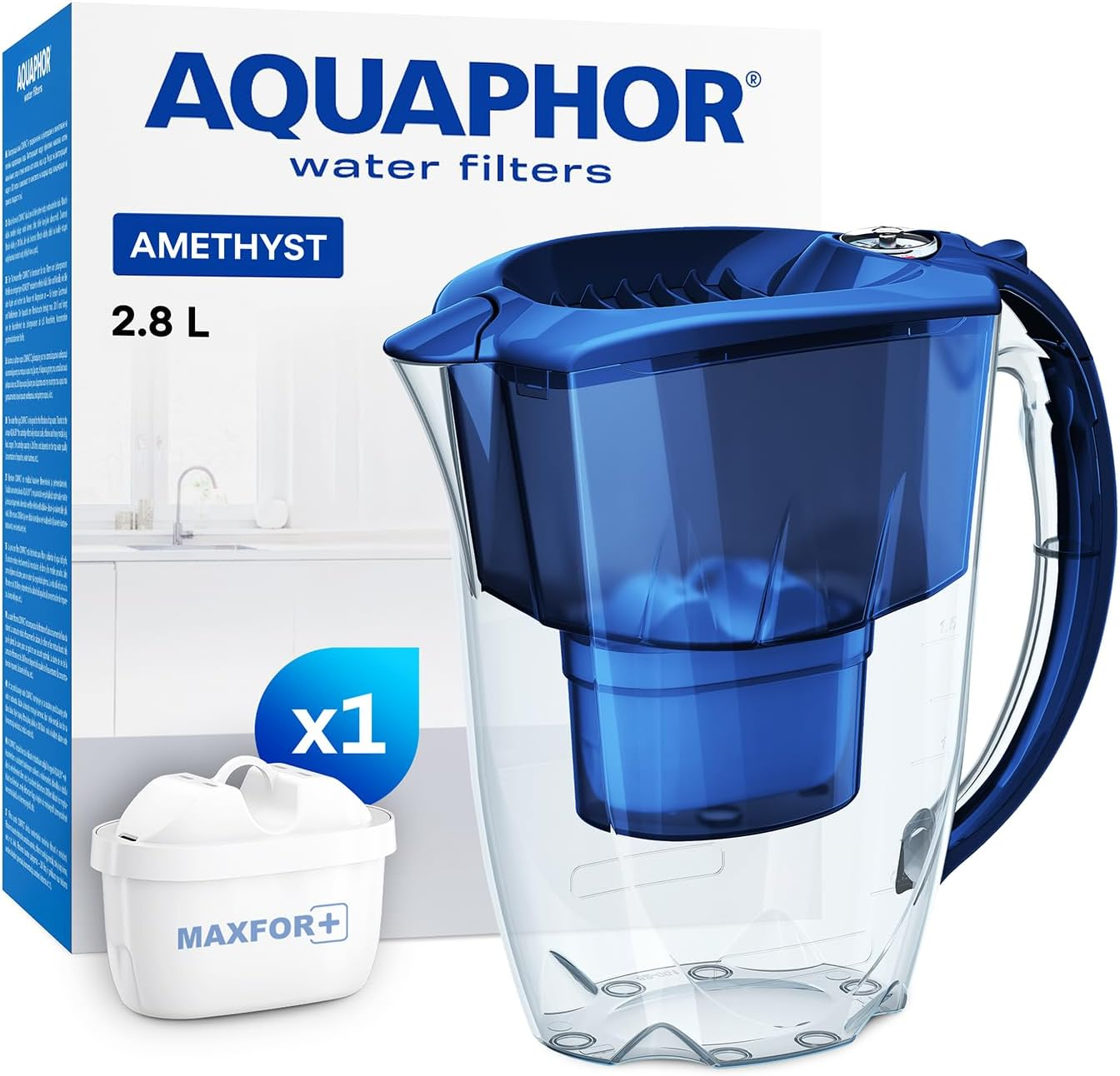 AQUAPHOR Water Filter Jug Amethyst Red 1 X MAXFOR+ Filter Included I Capacity 2.8L I Fits in the Fridge Door I Reduces Limescale Chlorine & Microplastics