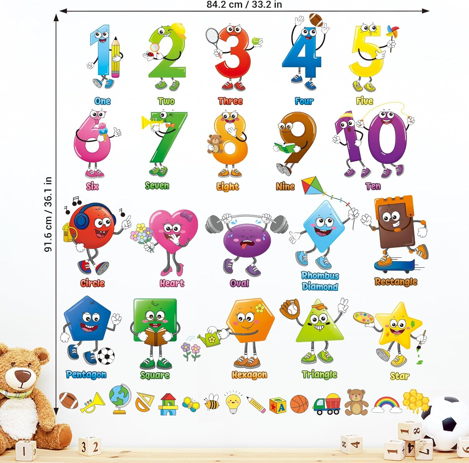 DECOWALL DS9-8095 Shape and Number Wall Decals Educational Colorful Peel and Stick Removable Stickers for Kids Nursery Preschool Playroom Classroom Decor image number 1