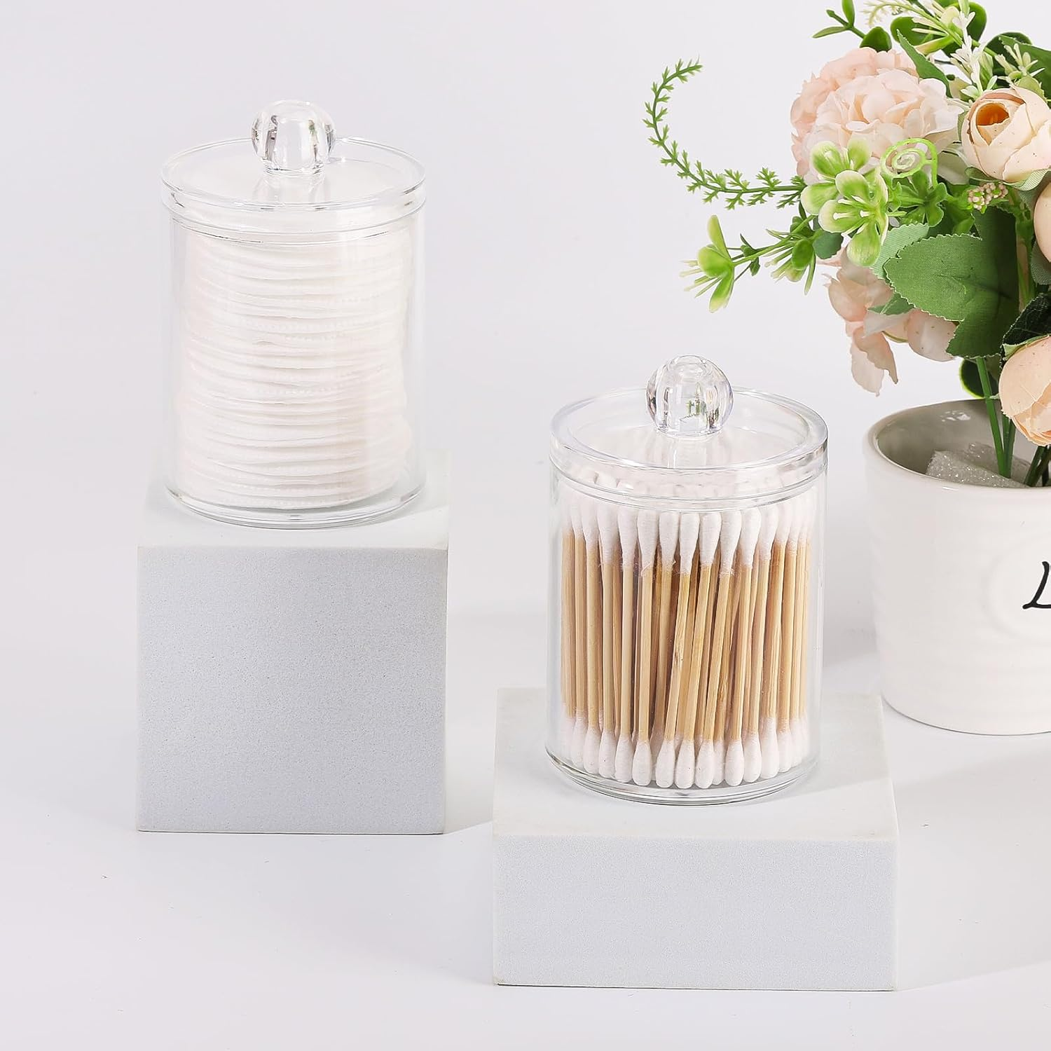 Tbestmax 4 Pack Qtip Holder - Restroom Bathroom Organizers with Clear Plastic Apothecary Jars for Cotton Swab, round Pads, Floss image number 4