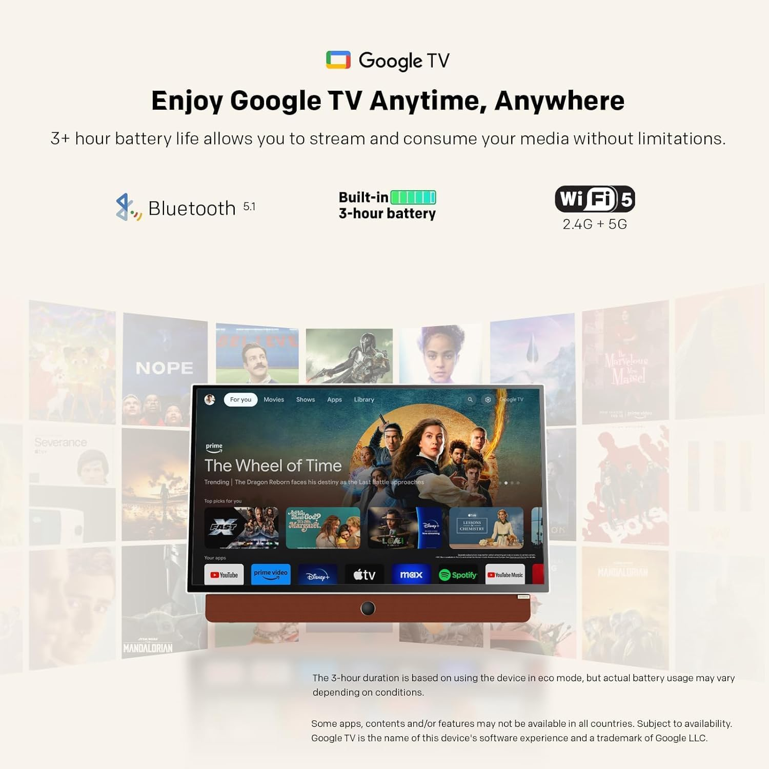 SKYWORTH 24-Inch Portable Tv,3-Hour Battery,1080P Fhd,Wide Viewing Angle,Smart Google TV, HDR10, Dolby Audio, LED, Bluetooth, Chromecast and Google Assistant image number 3