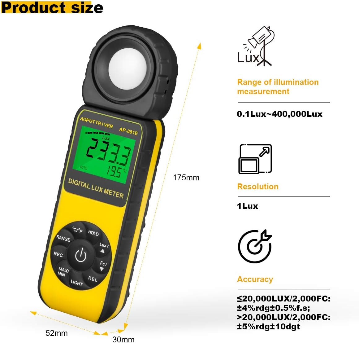 Handheld Light Meter, AOPUTTRIVER AP-881E Digital Illuminance Light Meter with 0.01~300,000 Lux (0.01~30,000 FC), Foot Candles Luxmeter with 270&ordm; Rotated Sensor with Temp(℃/℉) and Backlit for Plants - Ap881D(0.01~400,000 Lux) image number 7