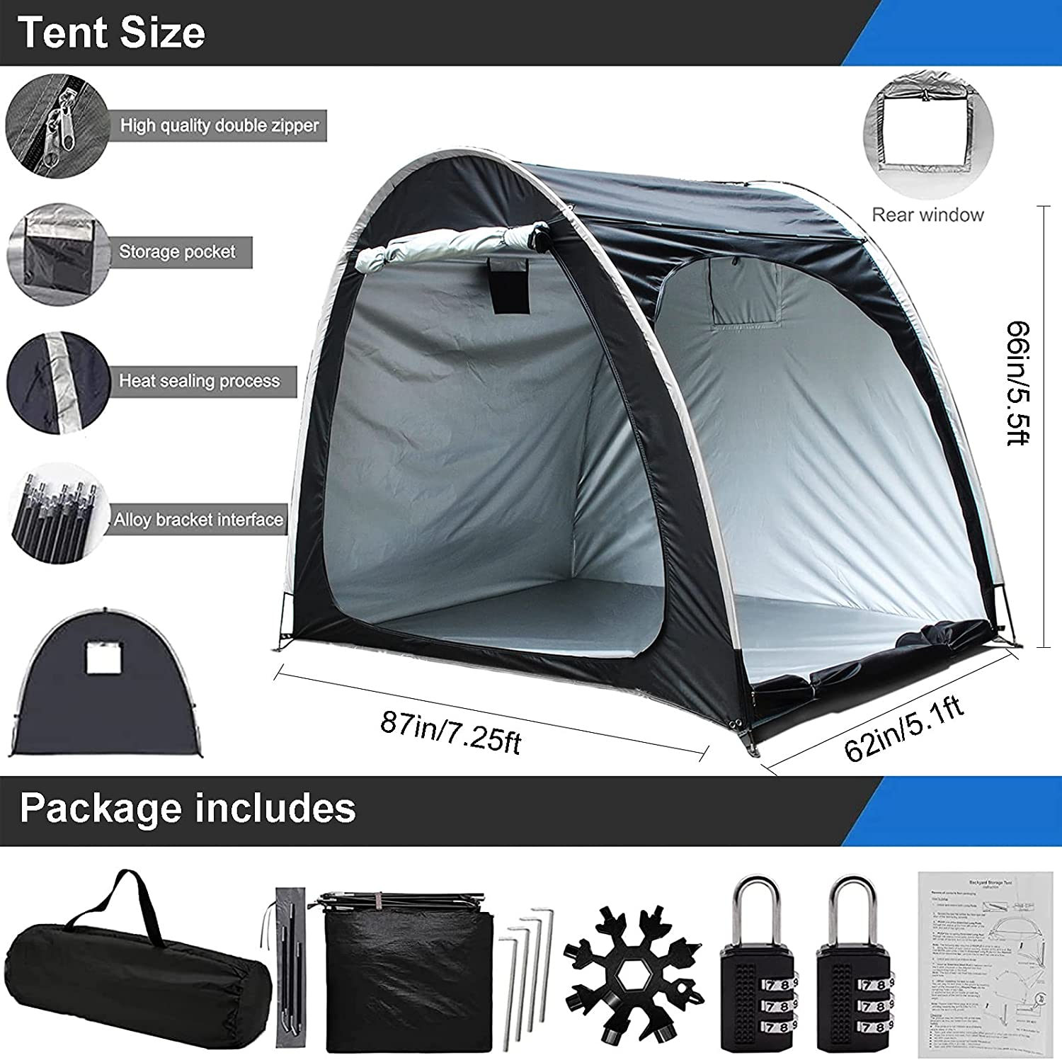 Bike Storage Shed,Bicycle Cover Tent,Heavy Duty Enlarged Style Two Doors Can Store 3-4 Bicycles Oxford Fabric Material,With Waterproof Coating,With Multi Tool and 2Pcs Combination Lock (Black)