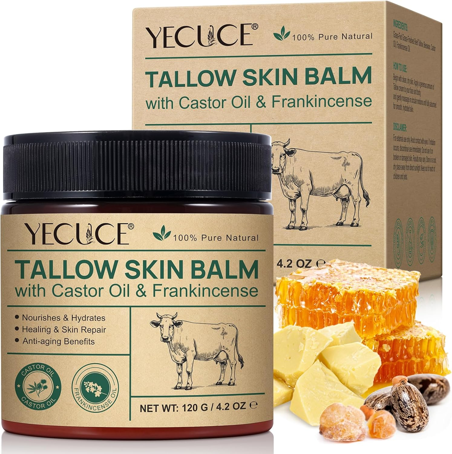 Tallow Skin Balm with Castor Oil & Frankincense Oil 120G, Deep Repair Skin Cream for Dry, Cracked Hands, Face & Body, Natural Moisturizer 4.2 Oz image number 6