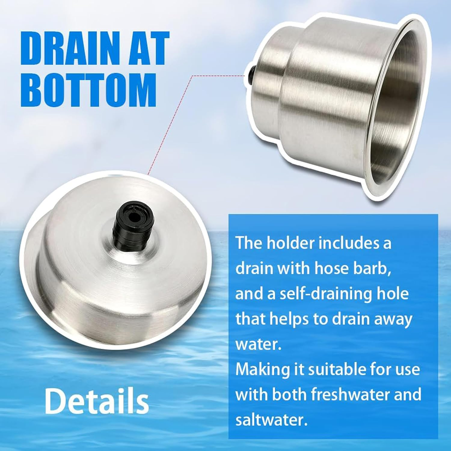 2PCS Stainless Steel Cup Holder with Drain Perfect for Marine,Boat,Rv,Camper Durable Drink Holders Easy Access,No-Spill Design,For Outdoor Adventures and Travel image number 3