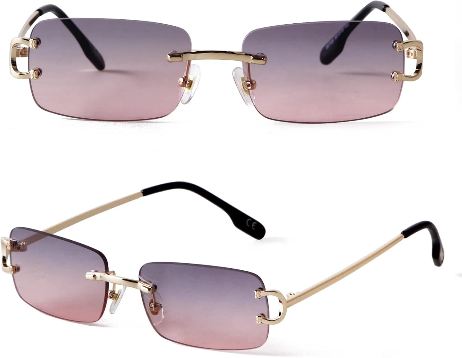 Small Narrow Rimless Sunglasses Fashion Frameless Rectangle Tinted Lens Eyewear 90S Glasses for Women Men (Top Grey Bottom Pink) (Gradient Brown) - 2Pc:Clear+Blue Gradient image number 6