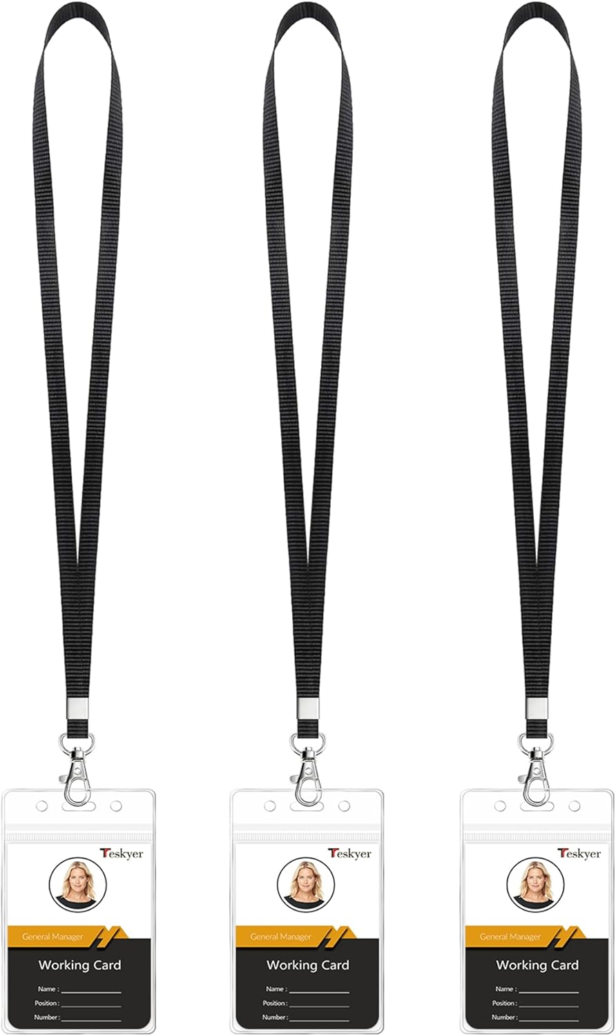 Teskyer Lanyards for Cruise Ship Cards, Lanyards with Waterproof Extra Thick Plastic Clear Badge Holders, Resealable Zip ID Card Holder, 2.5" X 3.5" Inner Size, Vertical Style, Set of 3, Black