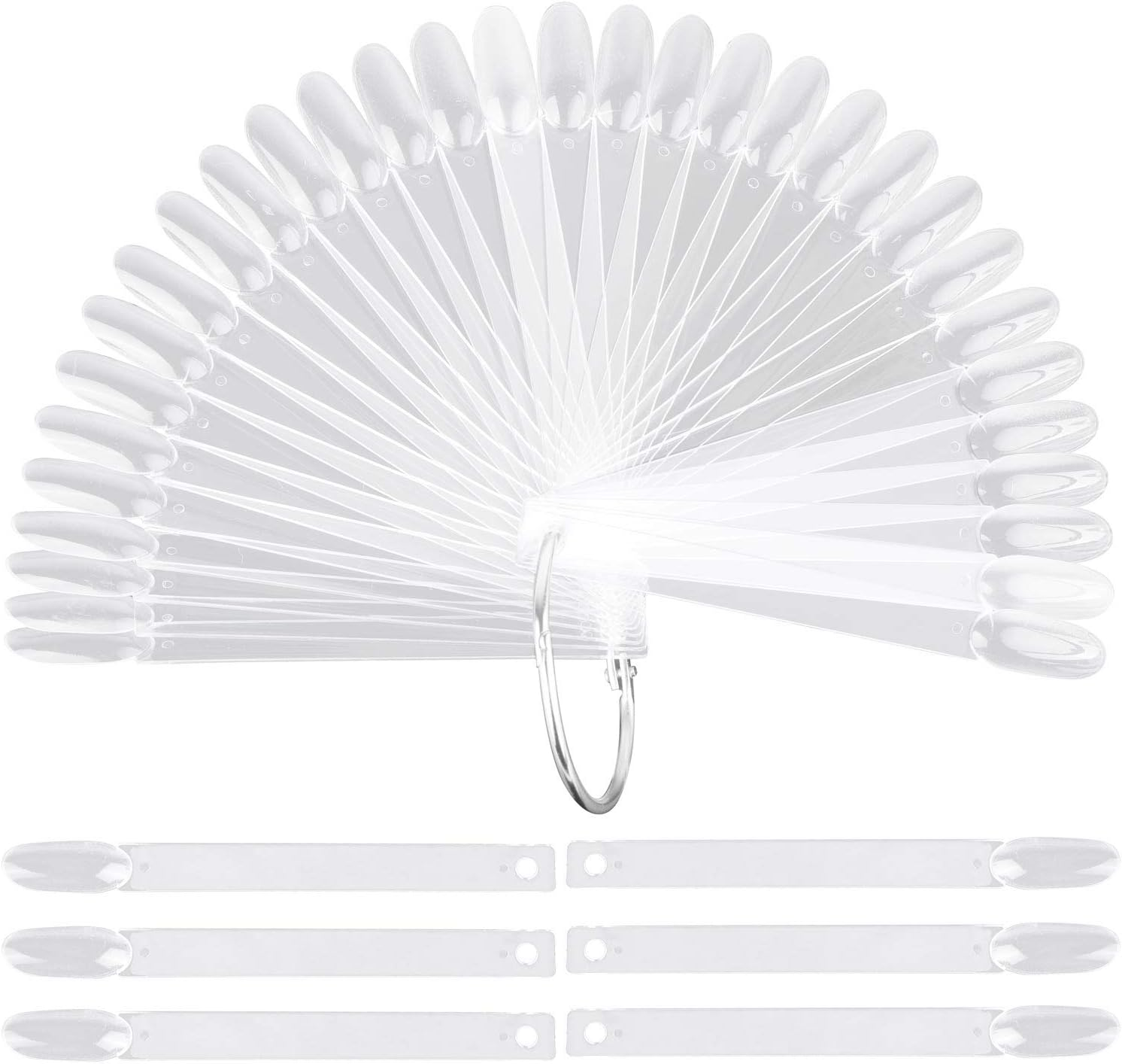 200 Pcs Transparent Nail Swatches Sticks, Fan-Shaped PVC False Nail Art Tips Display Practice Sticks Tool with Metal Split Ring Holder