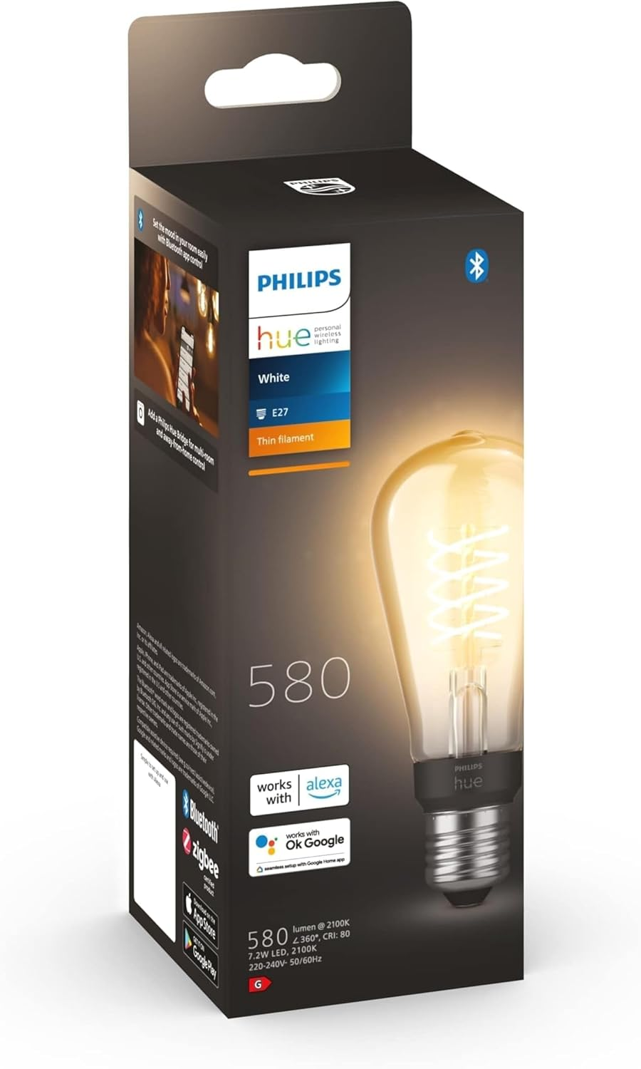 Philips Hue White E27 Filament ST64 550Lm, Warm White Light, Dimmable, Controllable via App, Compatible with Amazon Alexa (Echo, Echo Dot) image number 2