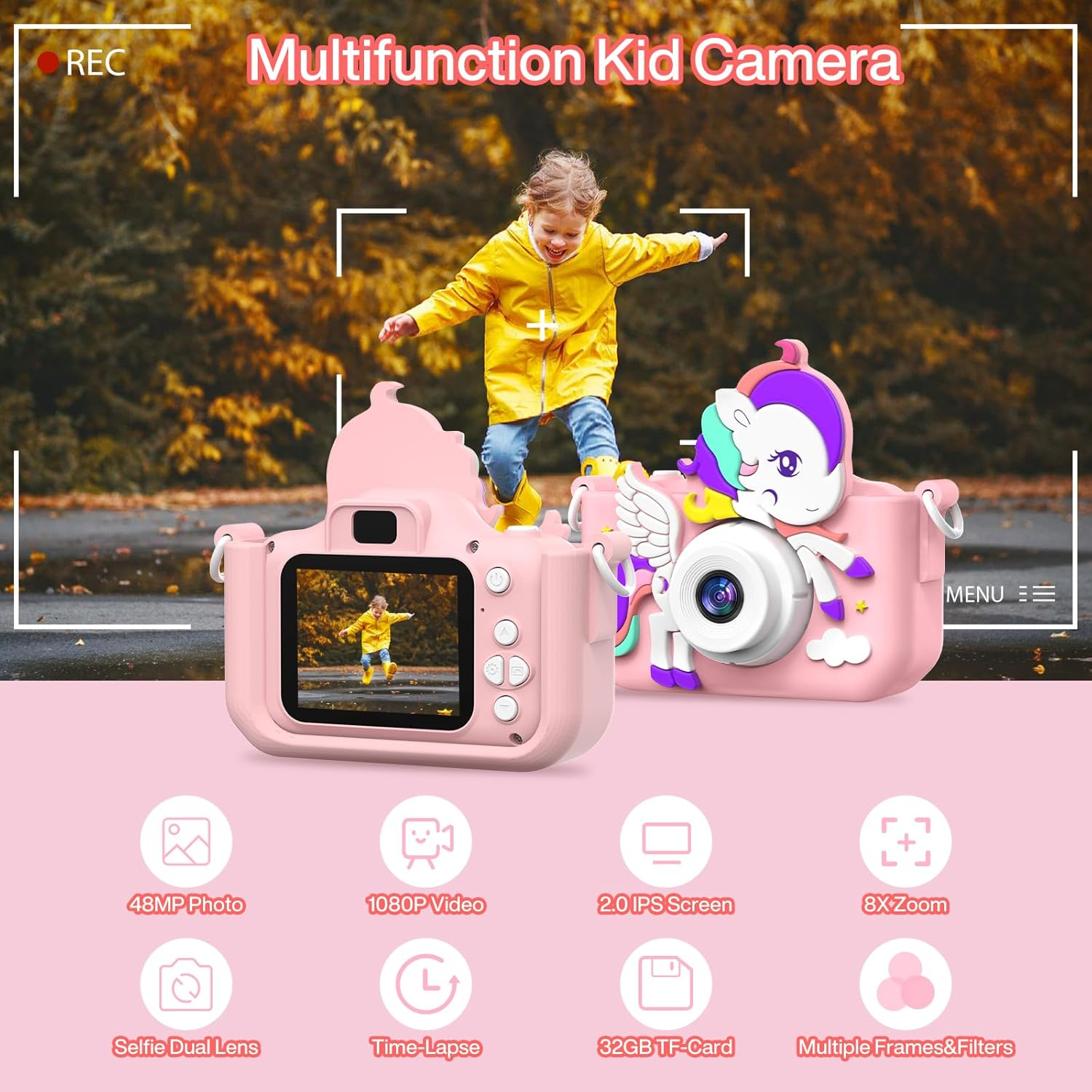 Musclez Kids Camera, Toys for 3-12 Years Old Girls Boys Children, Portable Digital Video Camera with Silicone Cover 32GB TF Card, Birthday Gifts Christmas New Year Gifts Selfie Camera for Kids image number 6