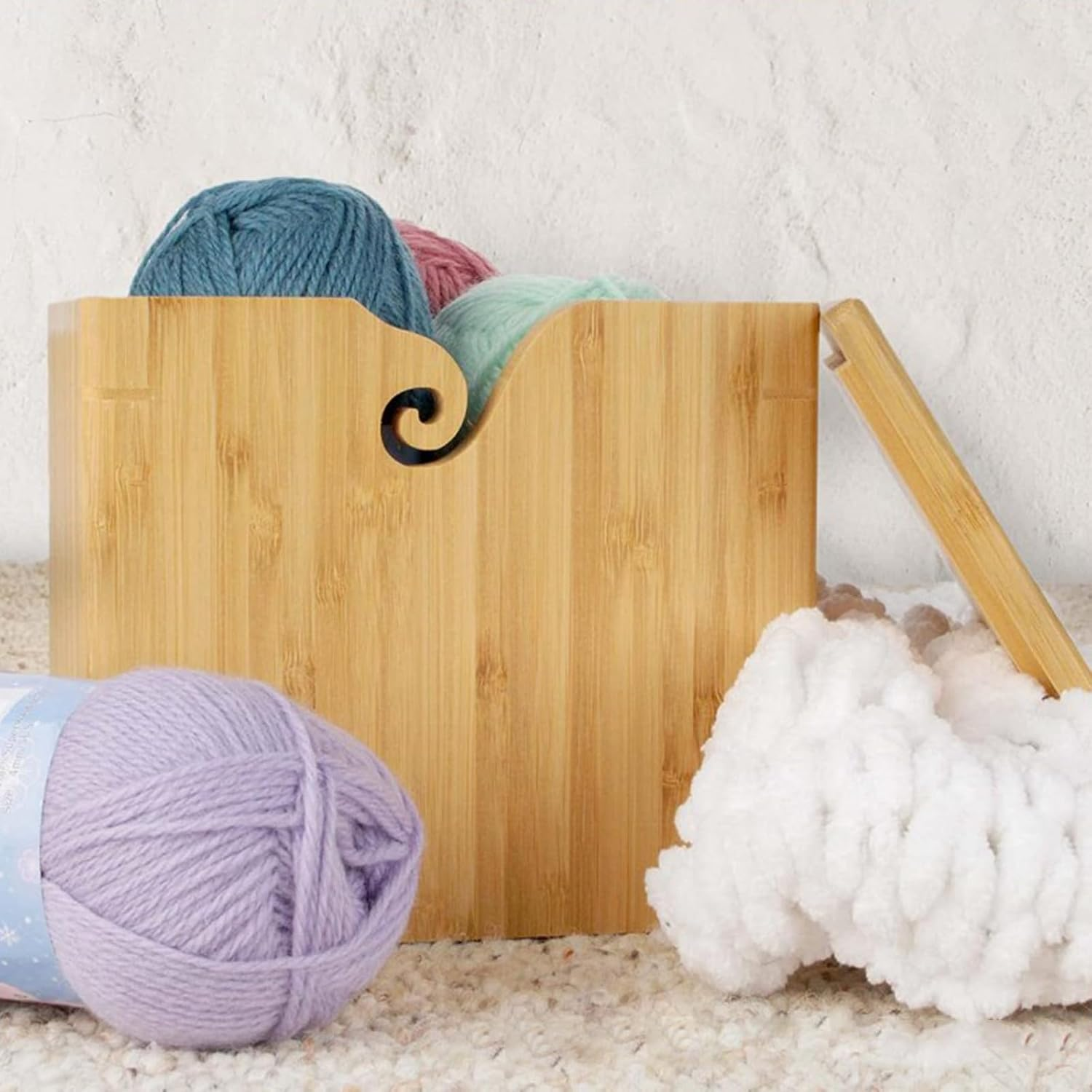 Joyeee Extra Large Bamboo Yarn Bowl with Lid, XL Knitting Box Case for Storage Big Wool Ball, DIY Wool Braid Craft, Handmade Square Cube Crochet Bowl for Wife, Mum, Grandmother 7.7 X 7.7 X7 Inch image number 1