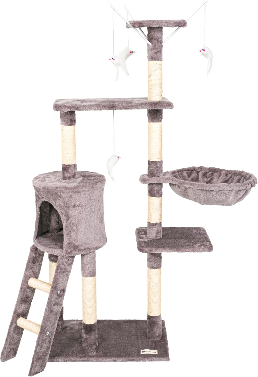 Casa Basics - Cat Tree NENI, Height: 144 Cm, Multi-Level Cat Scratching Post Play Tower with Ladder, Den, Nest, 3 Platforms and 4 Rats (Gray)