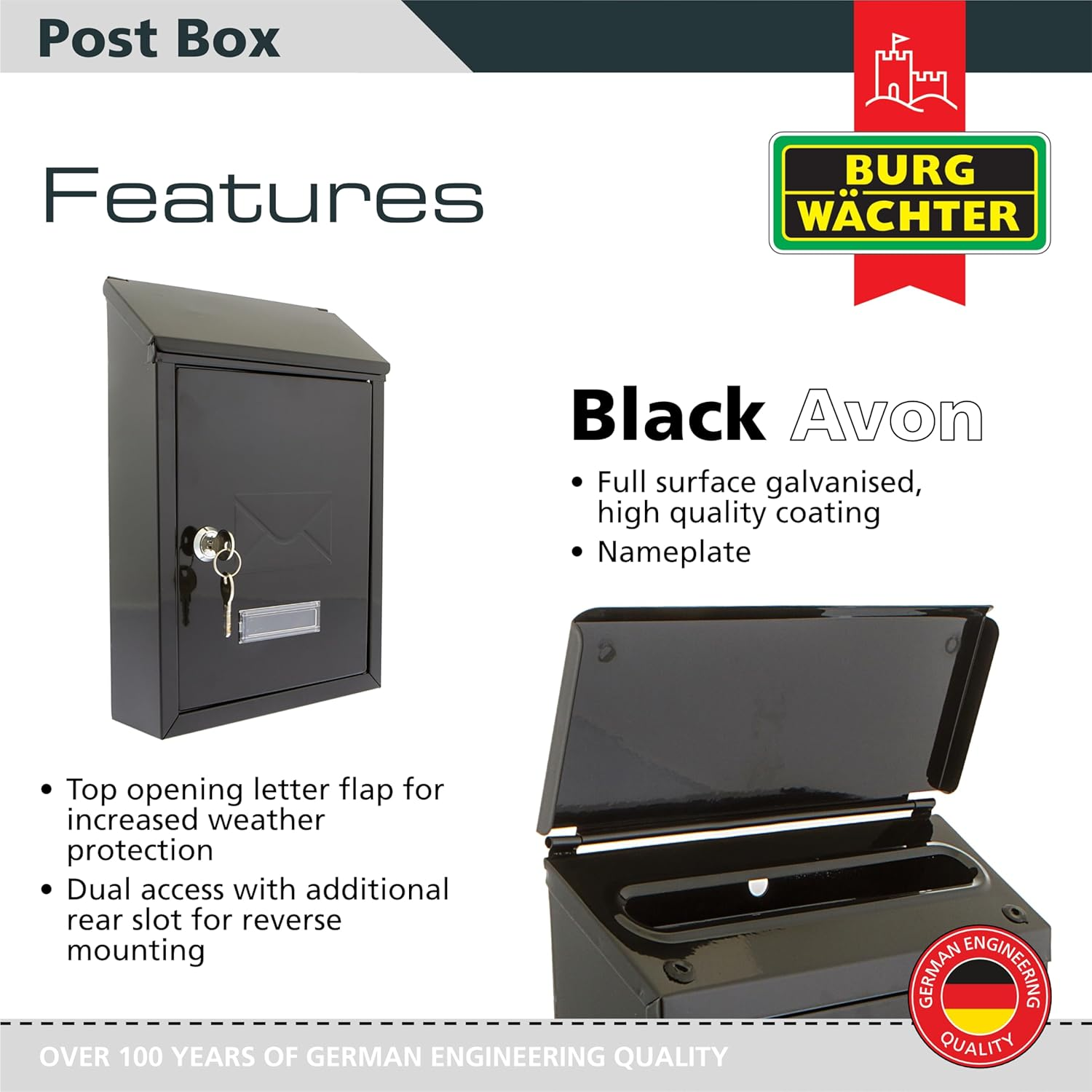 Burg-Wachter MB09BK Avon Rear Entry Wall Mounted Galvanised Steel Lockable Weatherproof Post Box - Black - 21X30X6.5Cm