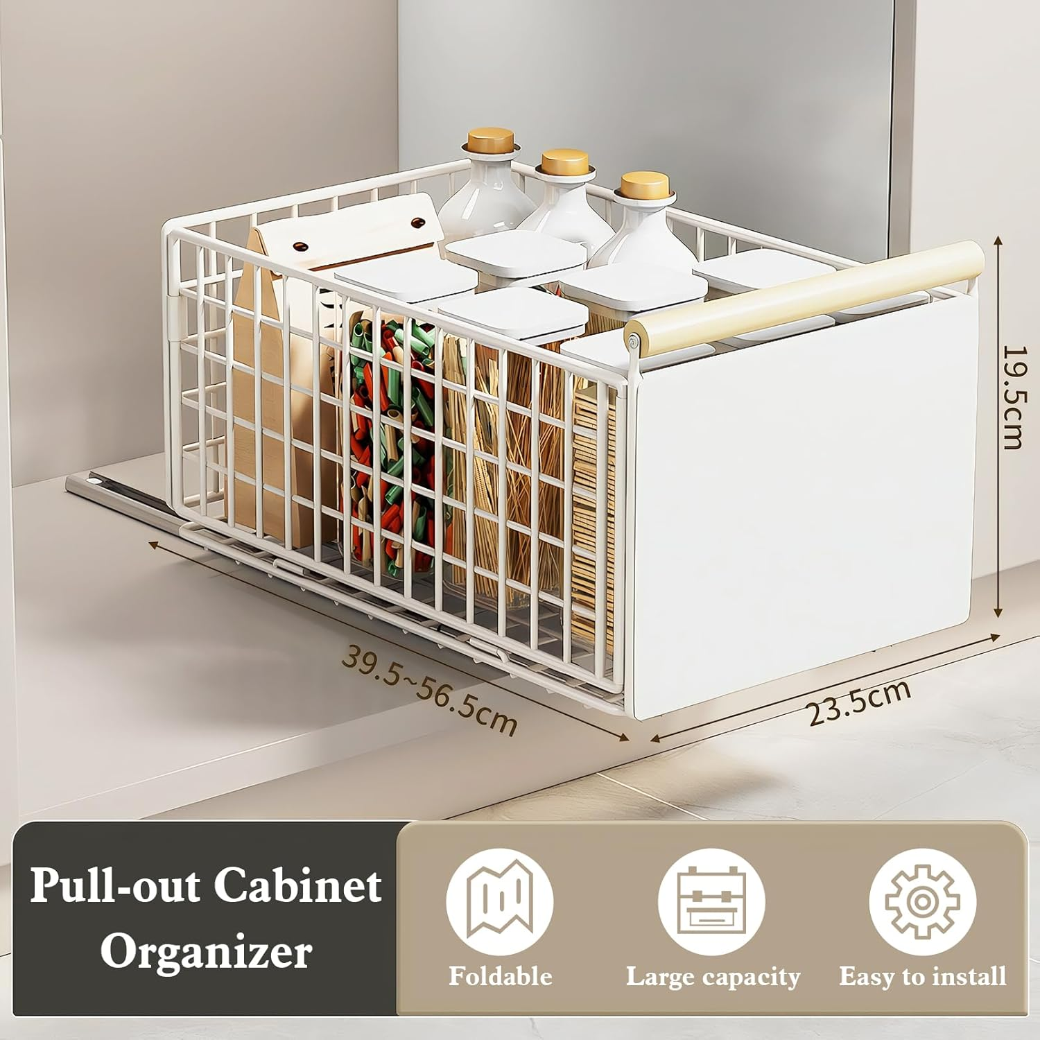 2 Pack Large Foldable Pull Out Cabinet Organizer with Wooden Handle, Slide Out Drawers for Cabinets, Peel and Stick, Heavy Duty Shelves for Kitchen, Cupboard, Pantry (2Pack Large) image number 2