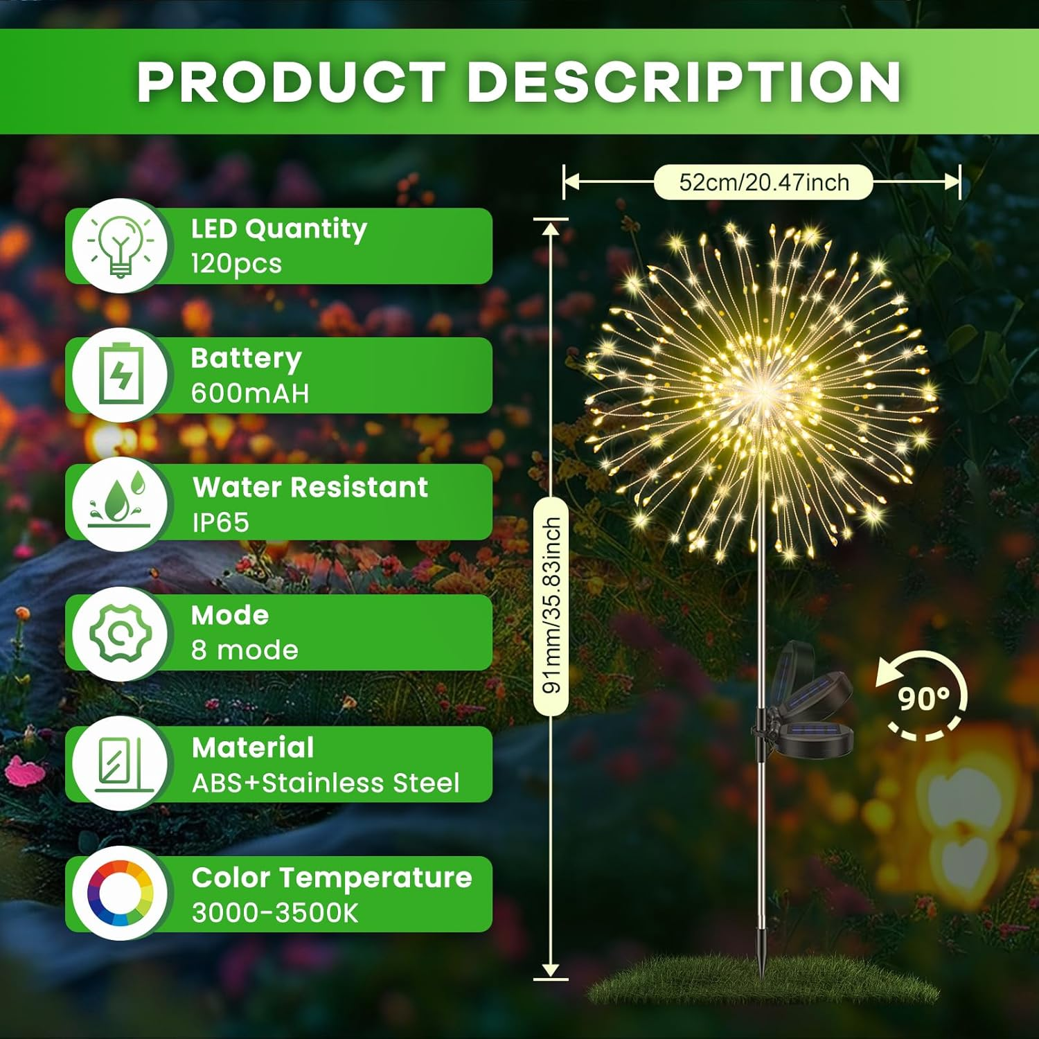 Pack of 4 Solar Lights Outdoor Garden, Dandelion Solar Firework Lights 120 Leds, 8 Modes Starburst Light, Garden Lamp Waterproof for Lawn Pathway Patio Yard Party Backyard Decoration/Warm White image number 3