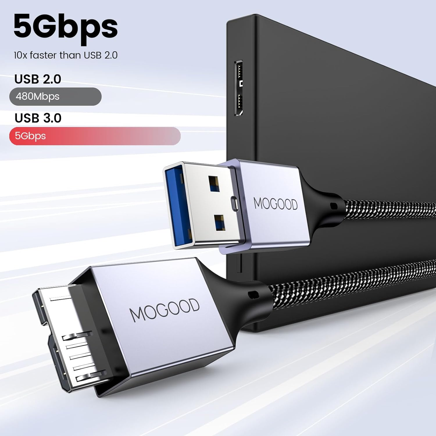 MOGOOD Hard Drive Cable 1M, Micro B to USB Male Data Cable, USB3.0 to Micro B Cable Compatible with Portable External Hard Drives,Wd Elements,Seagate Expansion,Samsung M3 1Tb/Galaxy S5/Note 3-Grey image number 2