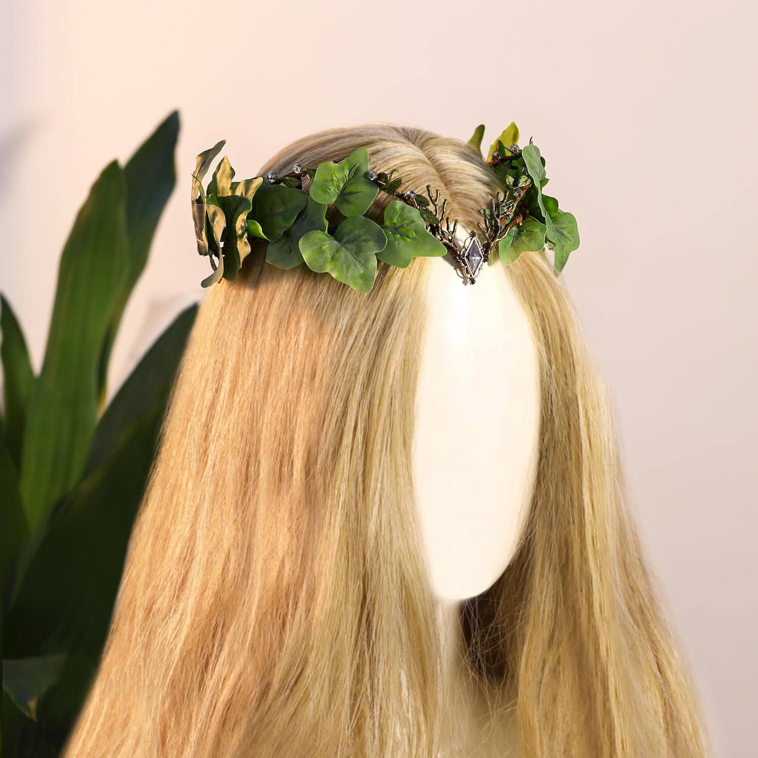 MOSTORY Forest Leaf Fairy Crown - Floral Elf Crown Forest Headwear Green Leaf Headband for Women Renaissance Masquerade Cosplay Halloween Renfaire Accessories Forest Wedding image number 2