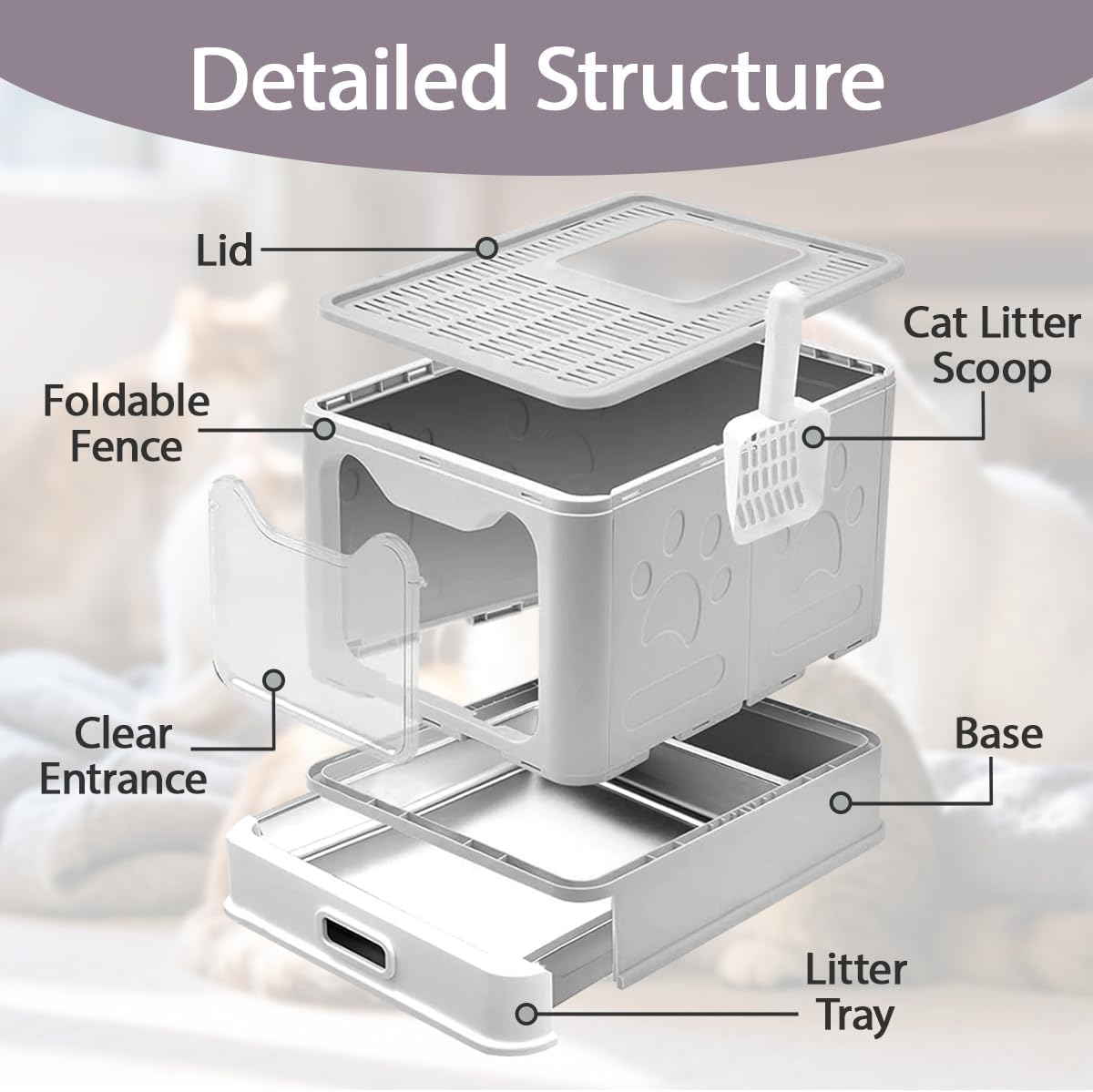 Blissify Enclosed Stainless Steel Litter Box, Large Kitty Litter Tray with Scoop & Drawer Design, Foldable Pet Toilet Box with High Sided, Anti-Leakage, Non-Sticky, Easy Cleaning, Grey image number 4