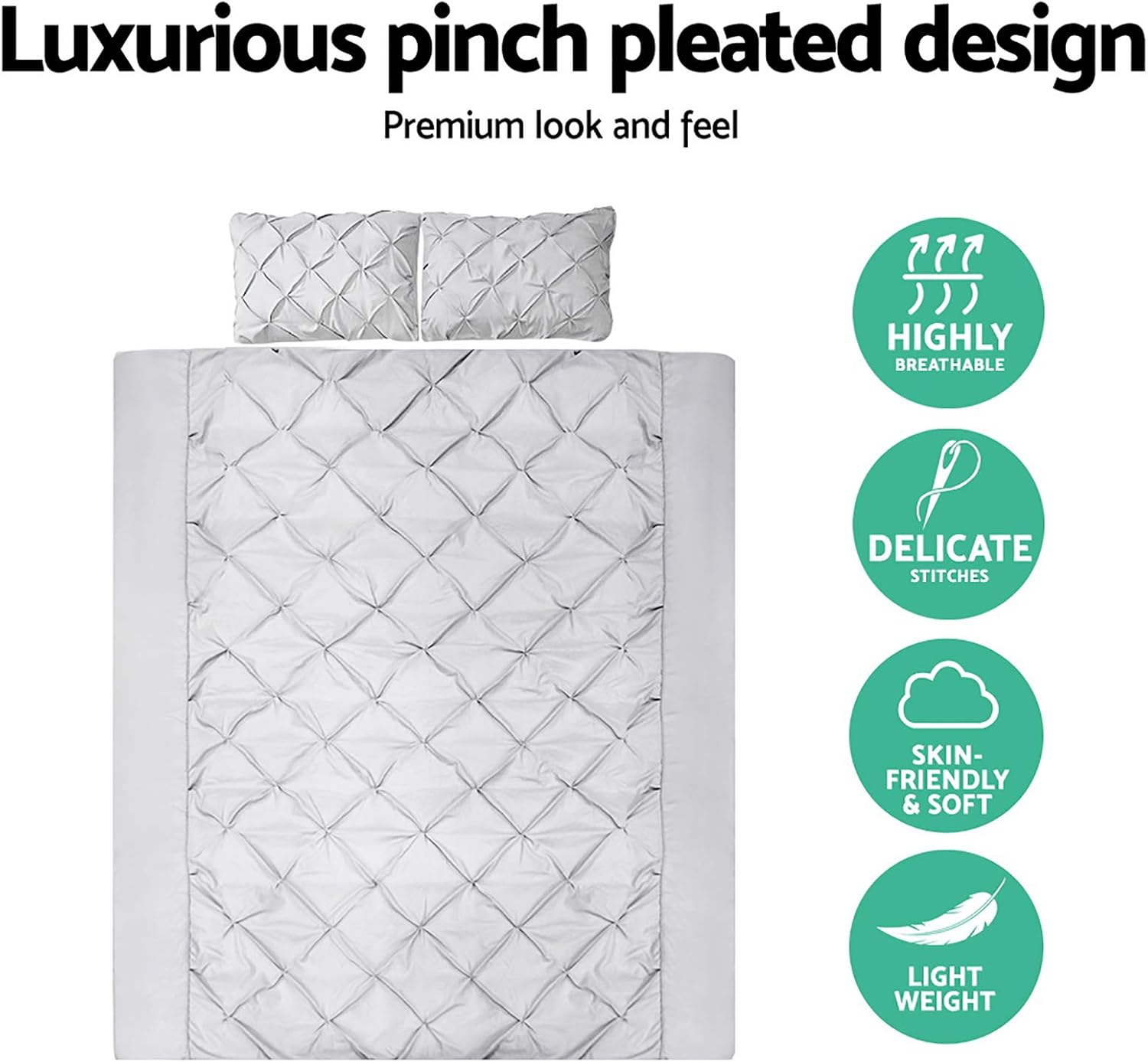 Giselle Bedding Queen Bed Quilt Cover Set, 100% Premium Microfibre 3Pcs Quilts Doona Duvet Comforter Covers Sets Diamond Pinch Pleat Beddings for Room Decor, Soft Machine Washable Grey image number 7