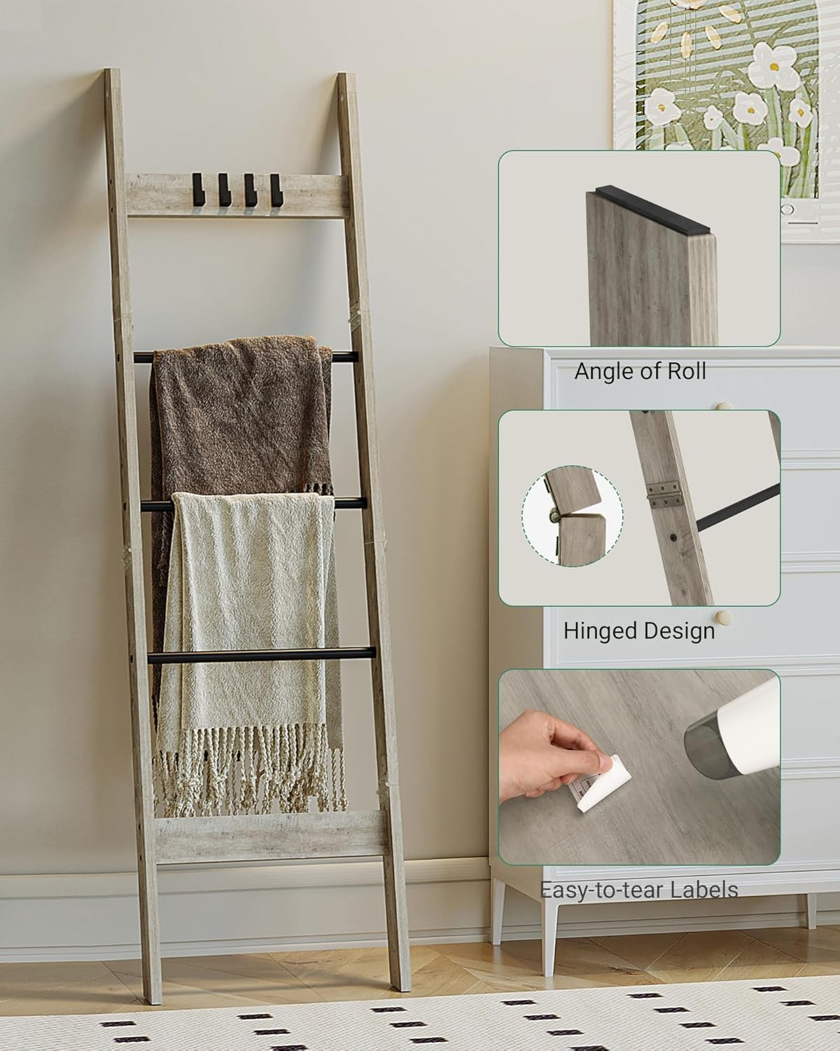 Hzuaneri Blanket Ladder Shelf for Living Room, Decorative Quilt Rack with 4 Removable Hooks, 5-Tier Farmhouse Ladder Holder Organizer for Bedroom, Greige and Black BR02105B image number 5